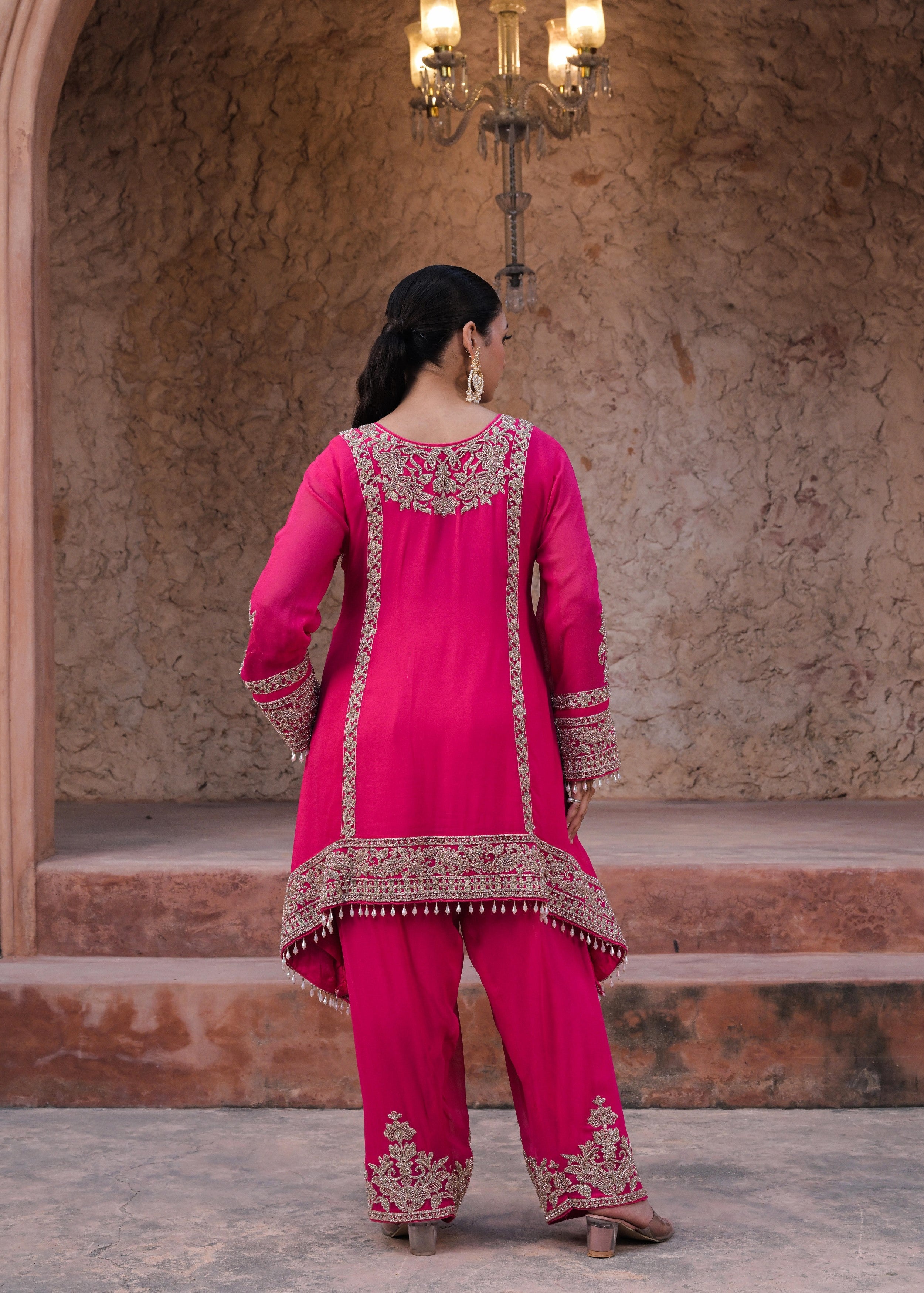 Berry Pink Embellished Georgette Silk Pant Set