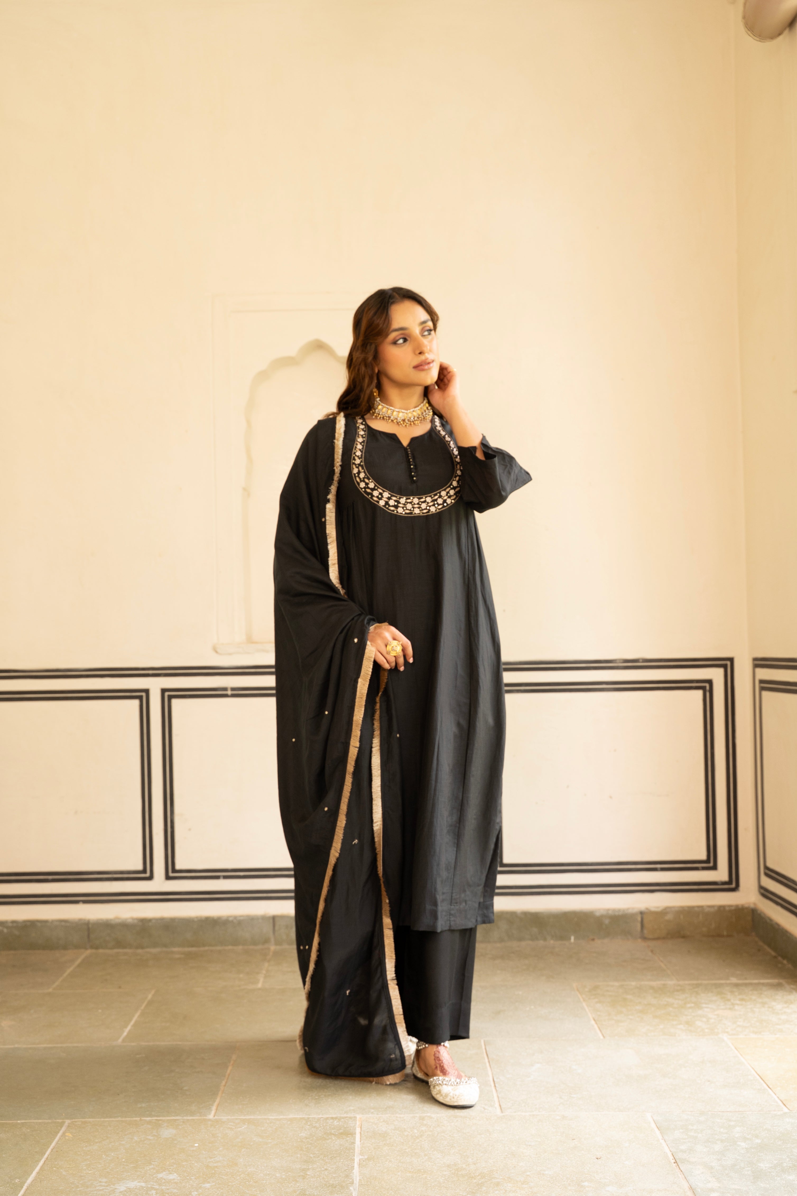 Coal Black Embellished Mul Chenderi Pant Set