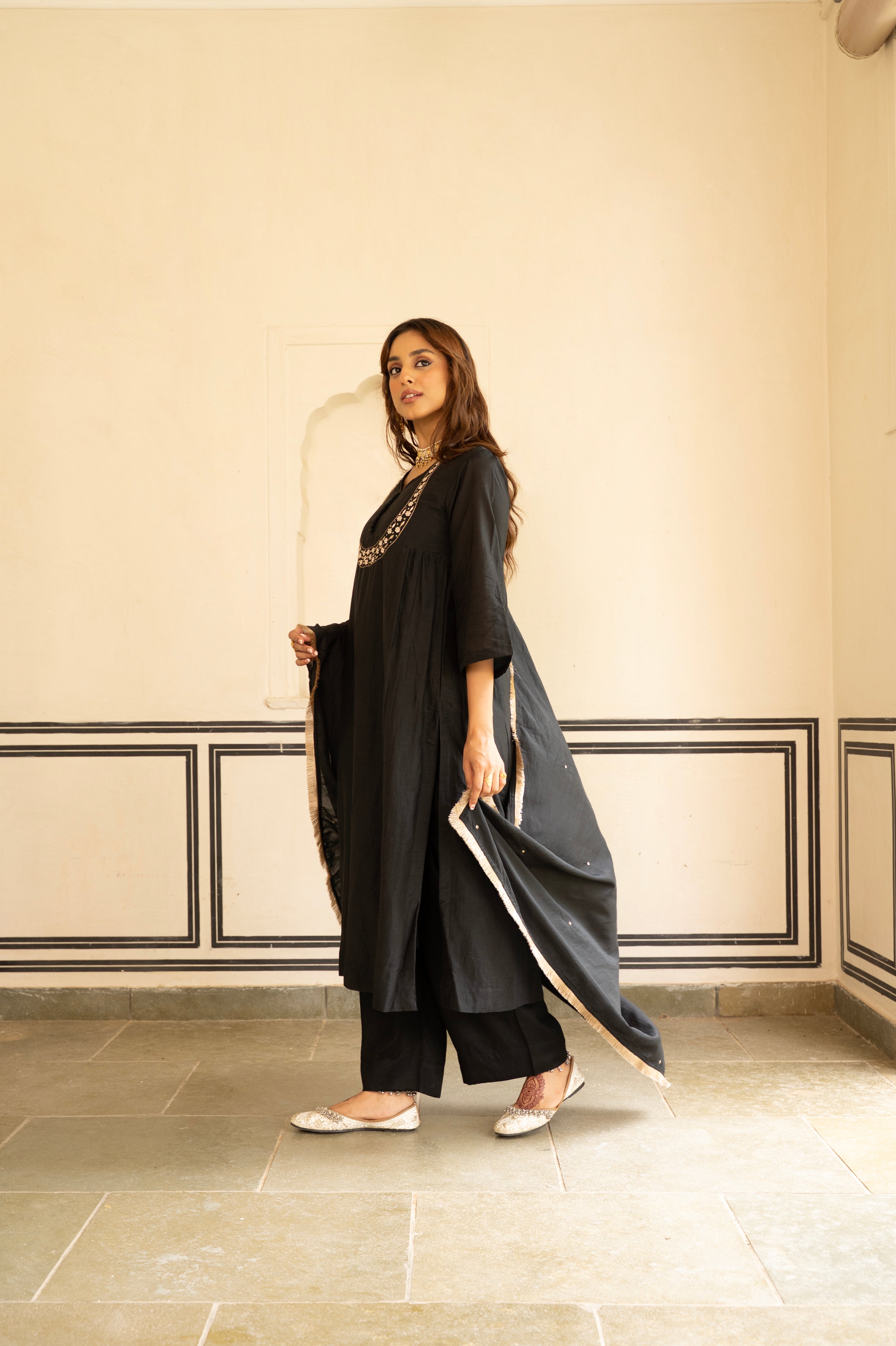 Coal Black Embellished Mul Chenderi Pant Set