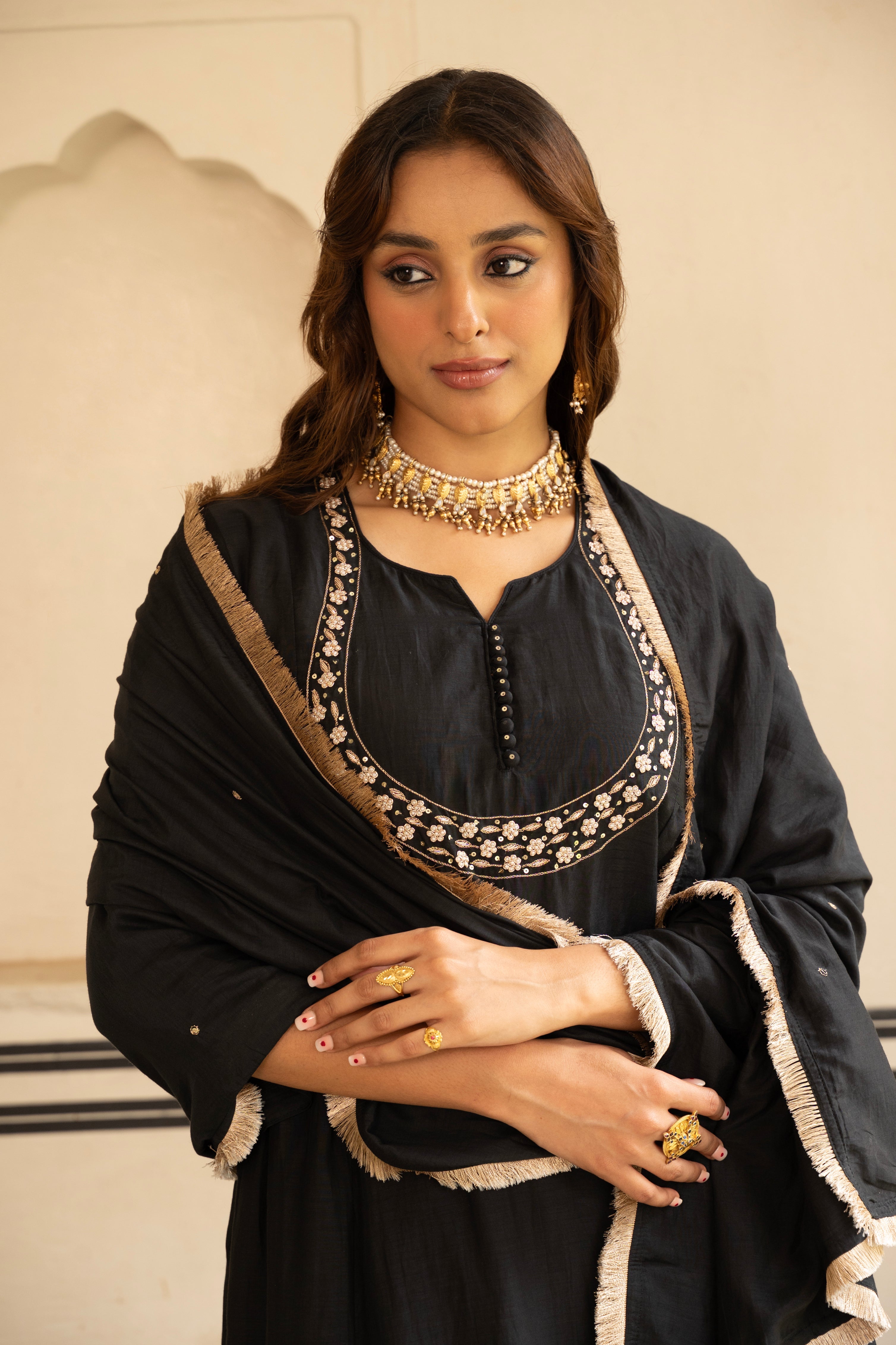 Coal Black Embellished Mul Chenderi Pant Set