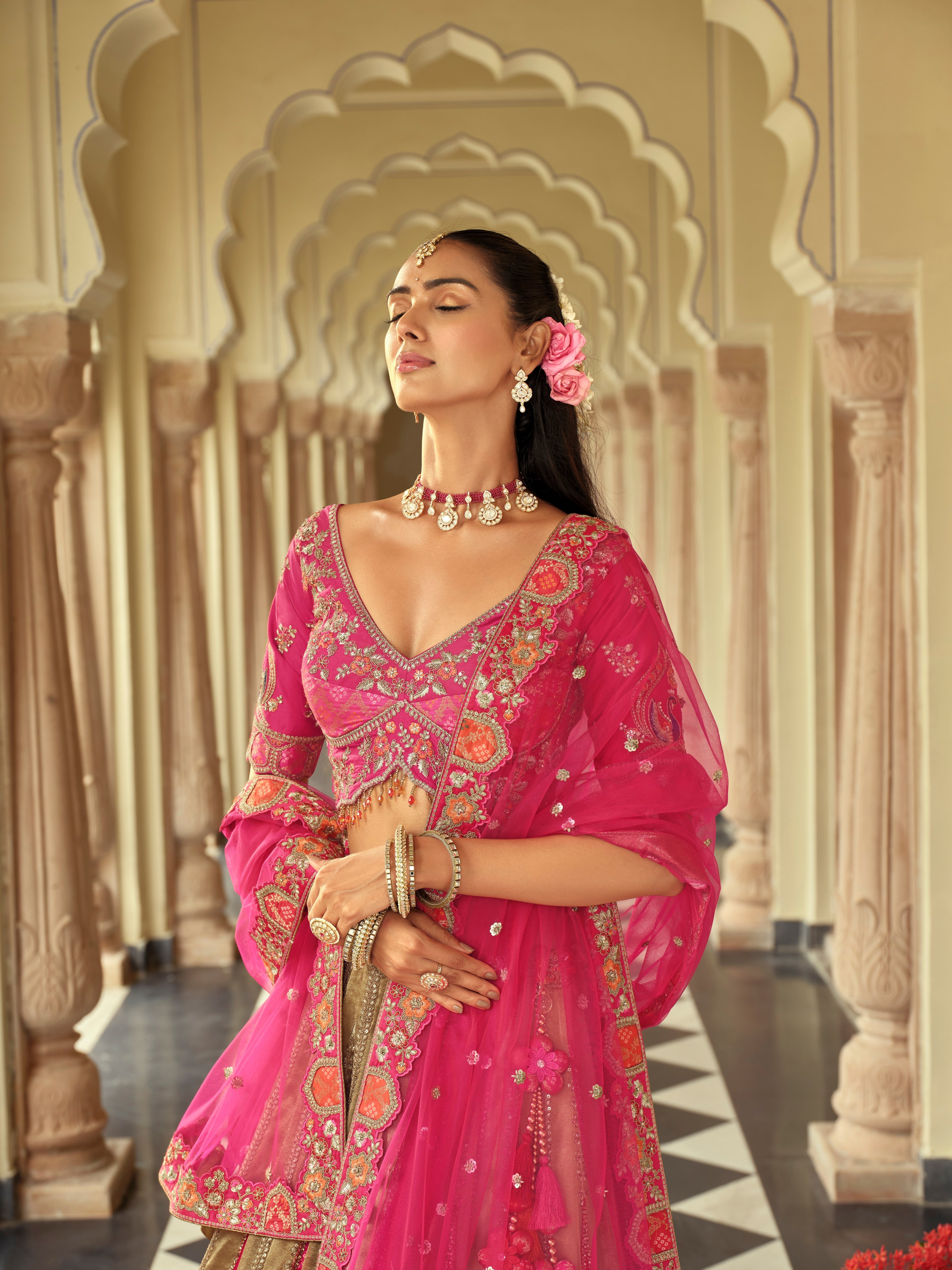 Antique Pink Embellished Premium Silk Lehenga Set