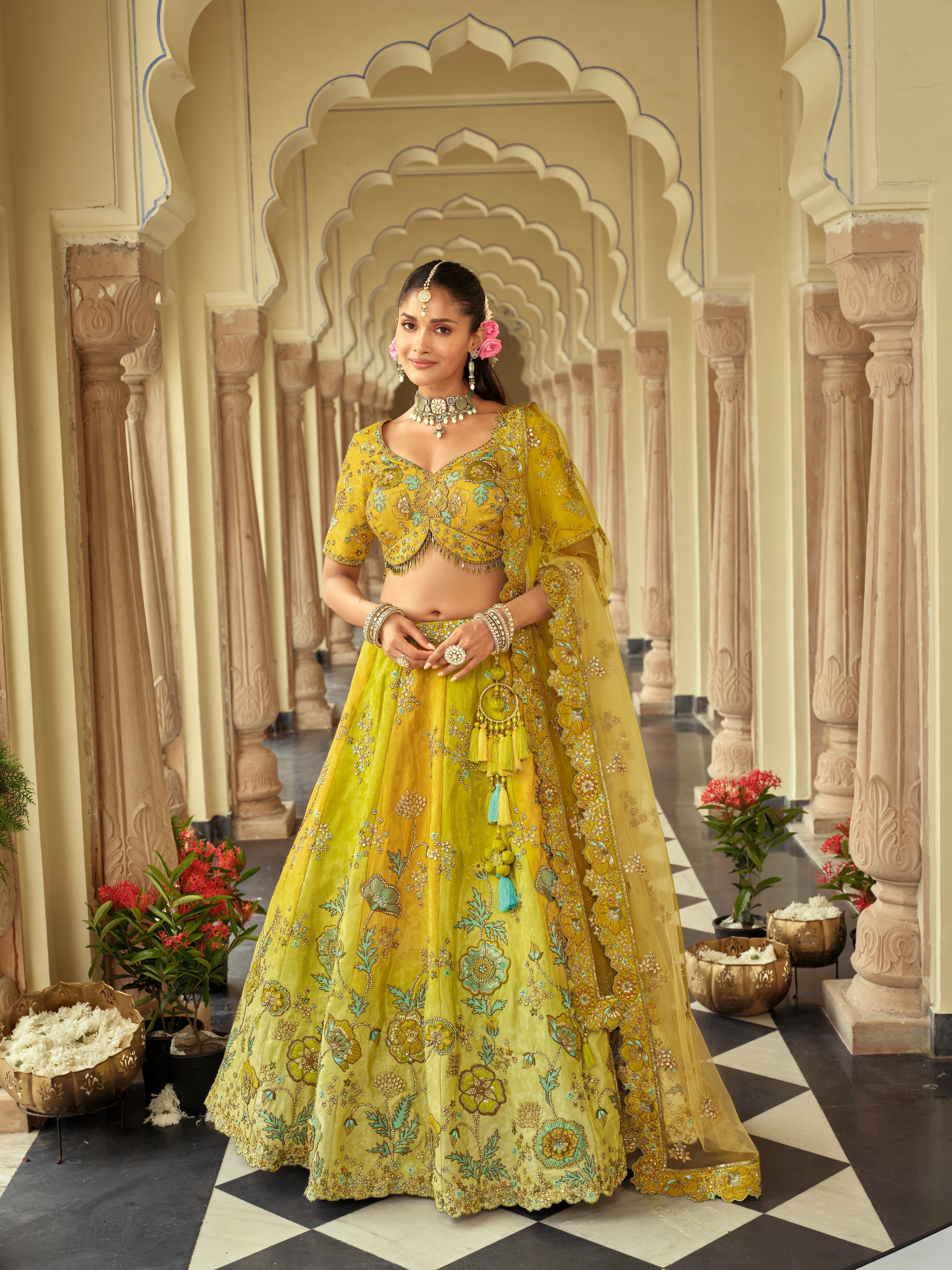 Lime Green Embellished Premium Silk Lehenga Set