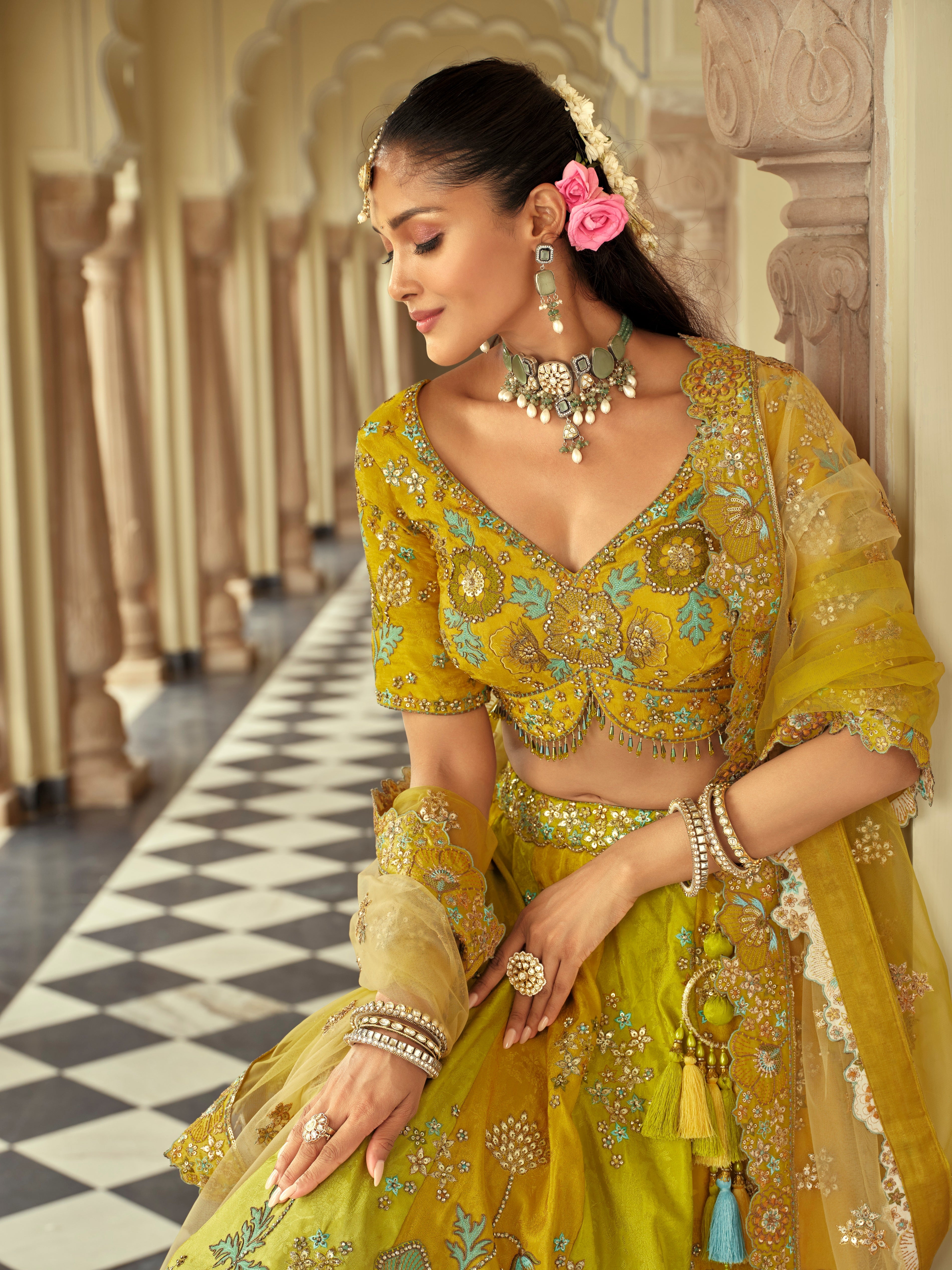 Lime Green Embellished Premium Silk Lehenga Set