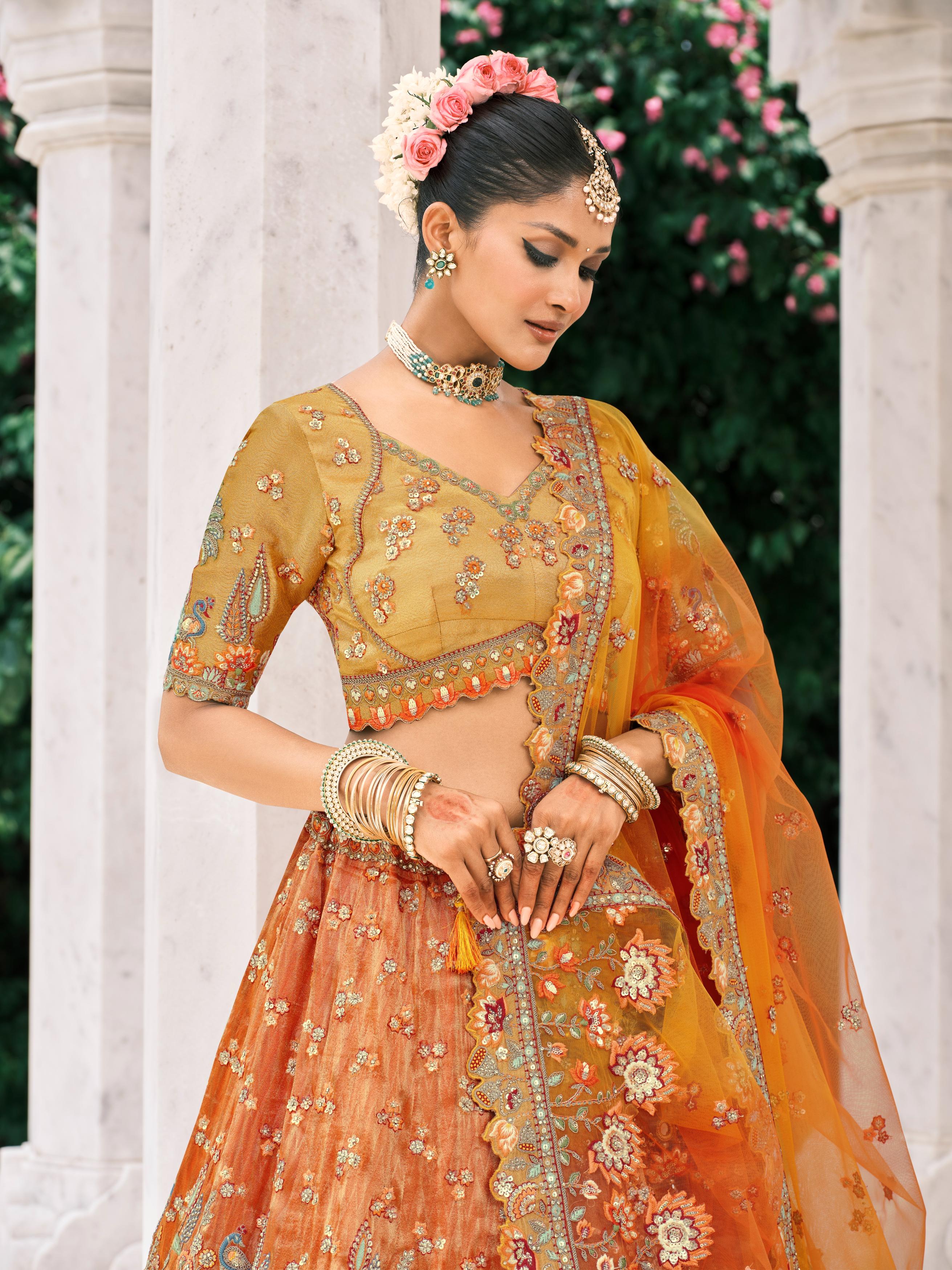 Orange Multicolor Handwork Shimmer Tissue Silk Lehenga Set