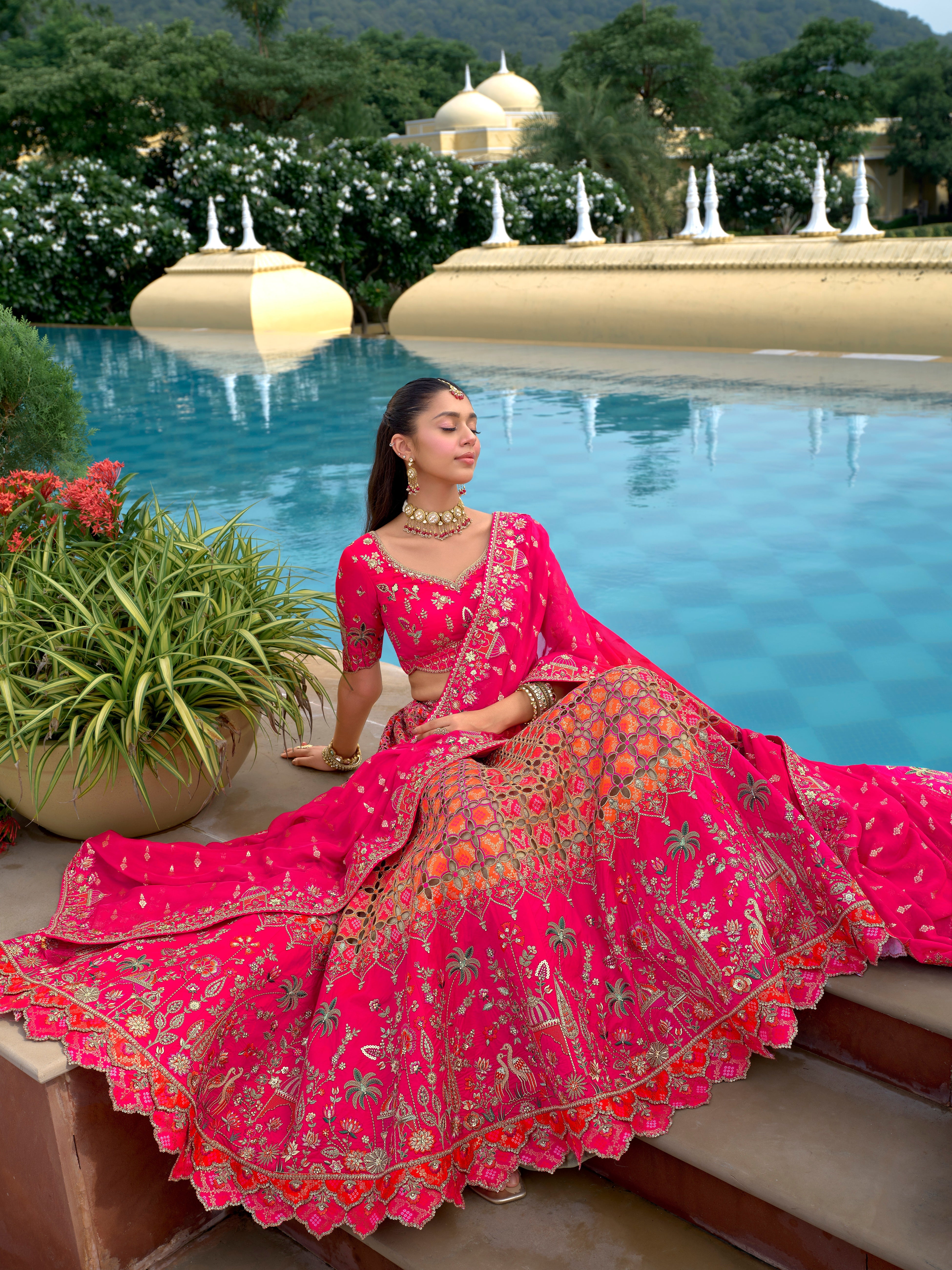 Bright Pink & Orange Embellished Tissue Silk Lehenga Set