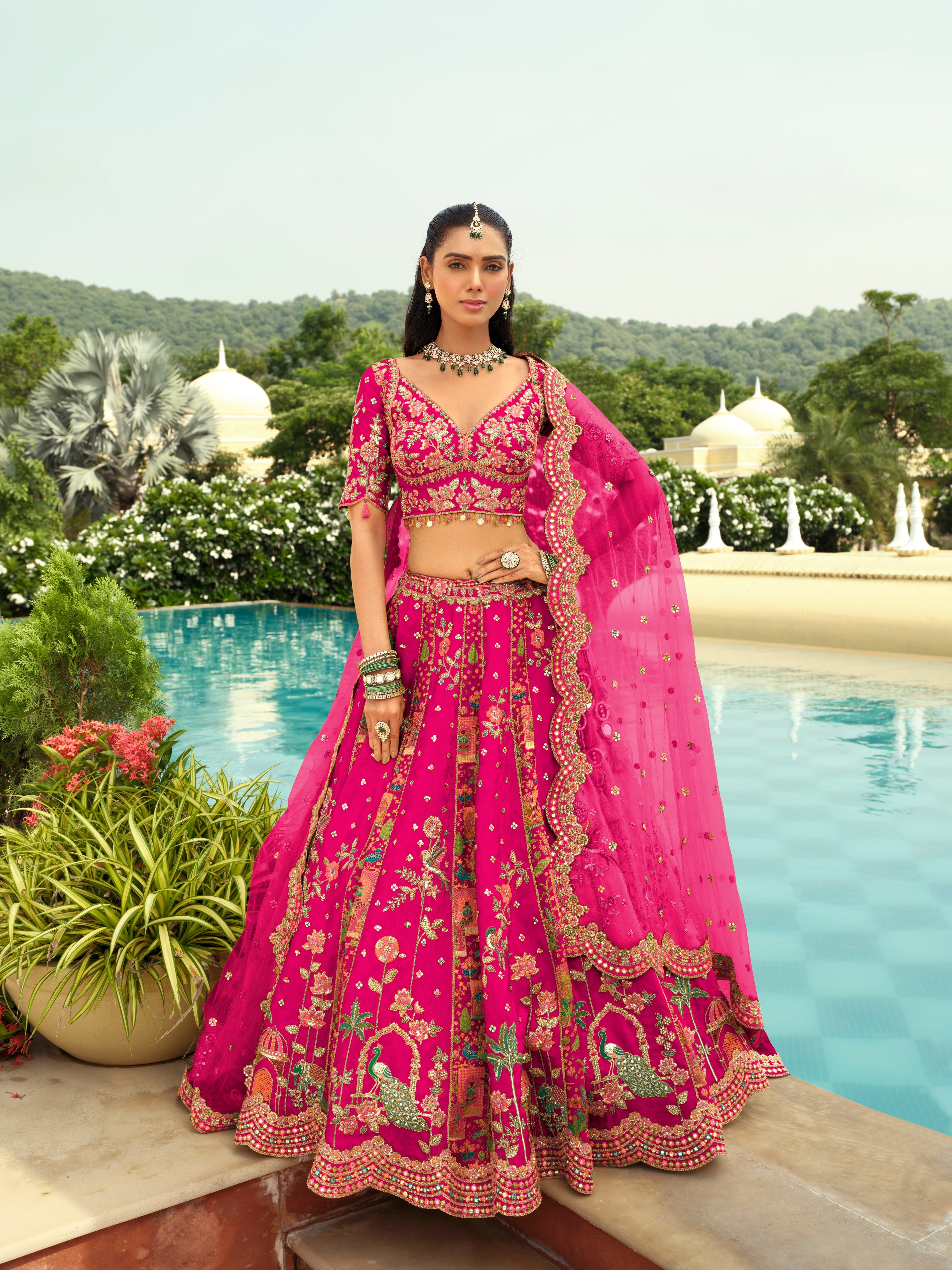 Fuchsia Pink Embellished Premium Silk Lehenga Set