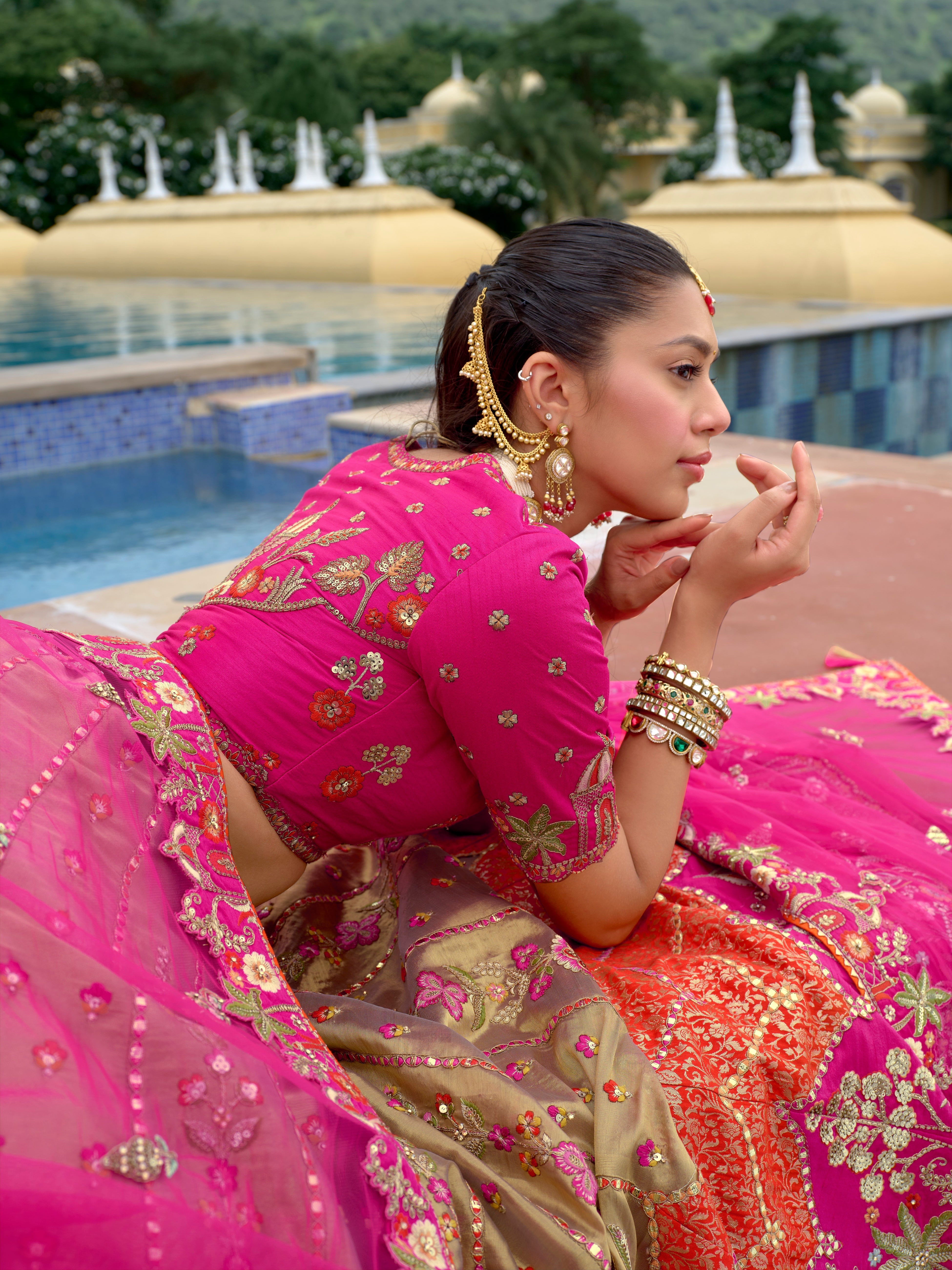 Rani Pink & Cream Embellished Tissue Silk Lehenga Set