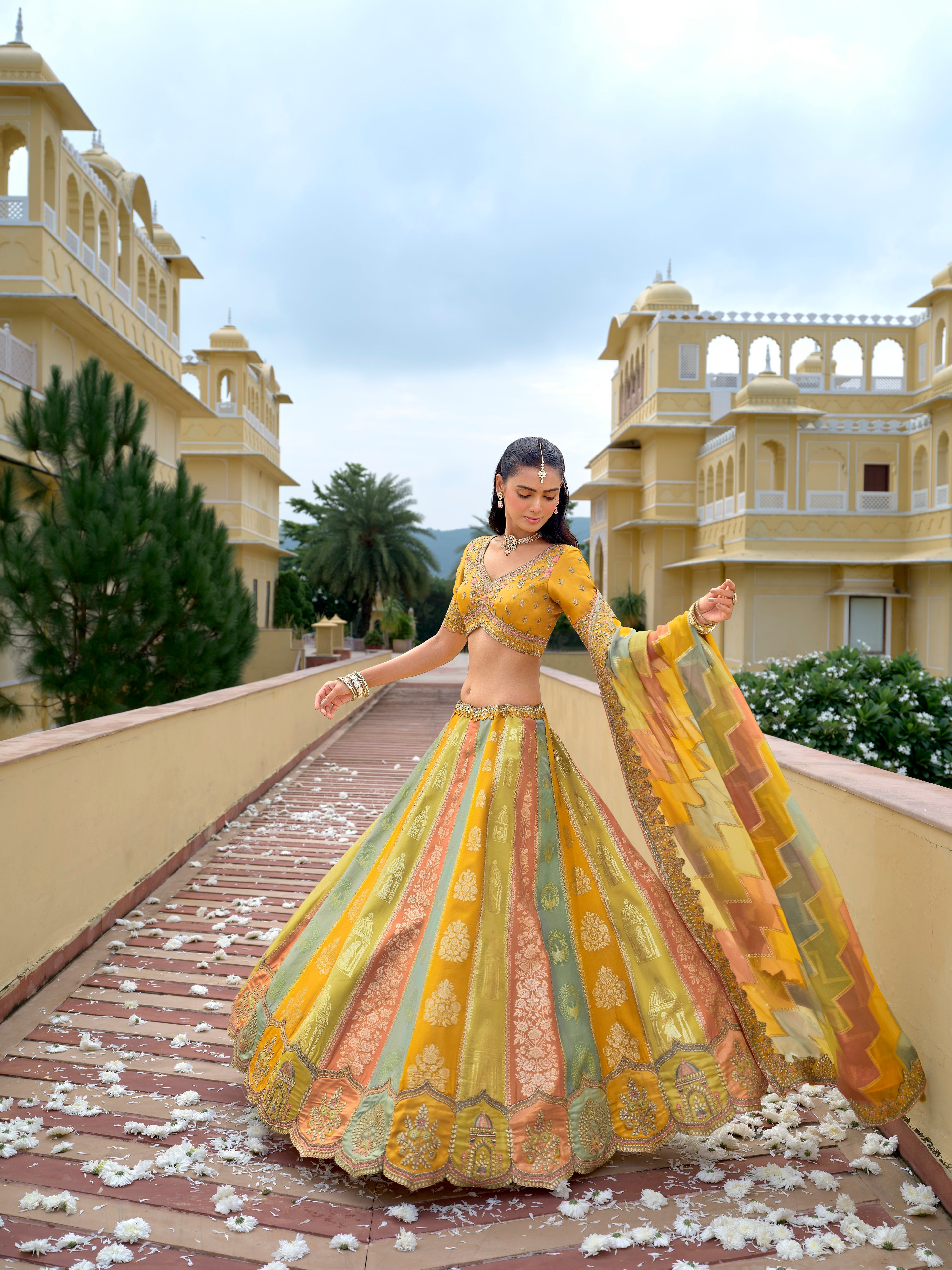 Multi mustard Green Embellished Pure Silk Lehenga Set
