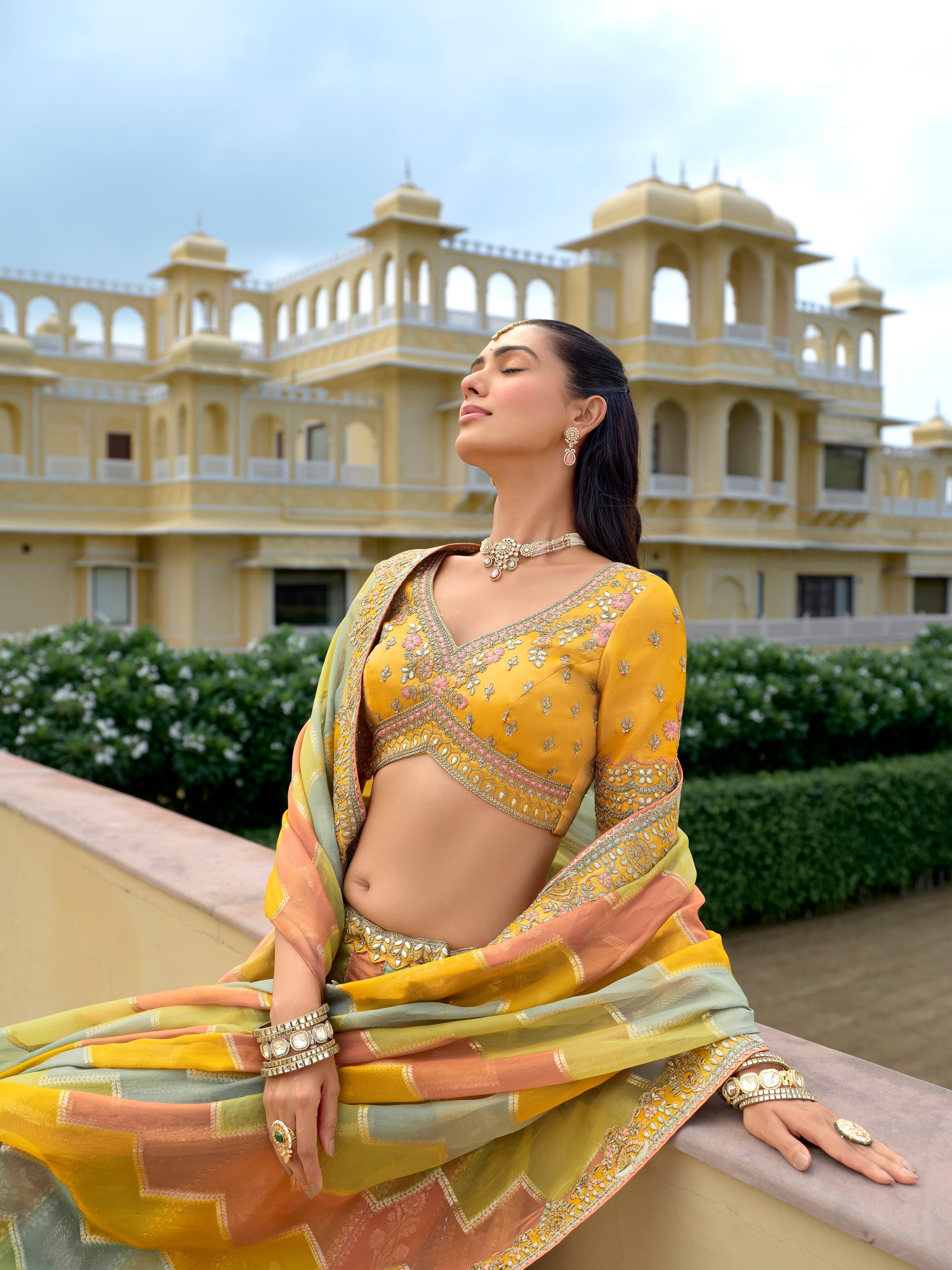 Multi mustard Green Embellished Pure Silk Lehenga Set