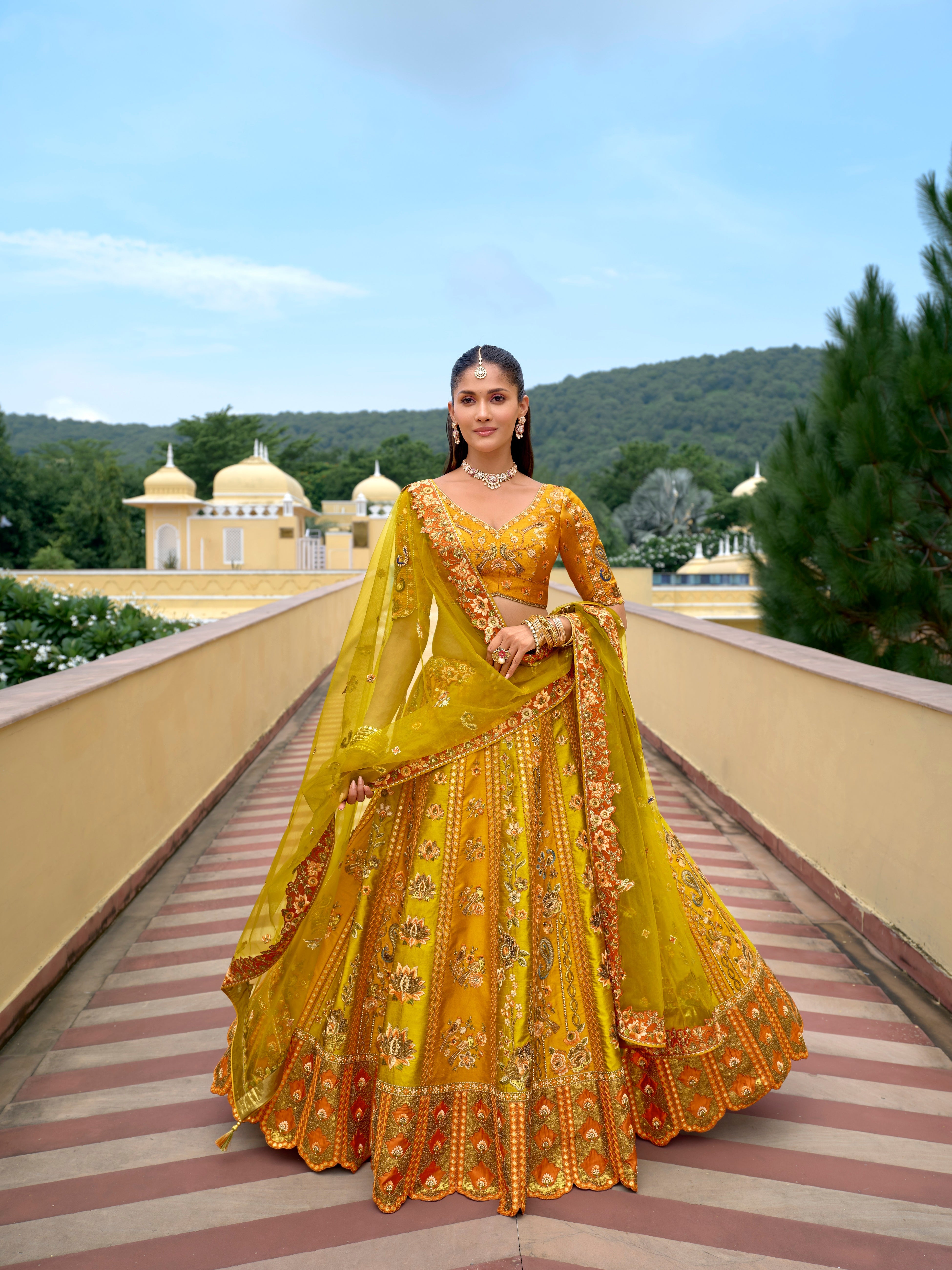 Elegant Mustard Yellow Embroidered Pure Viscose Satin Lehenga Set