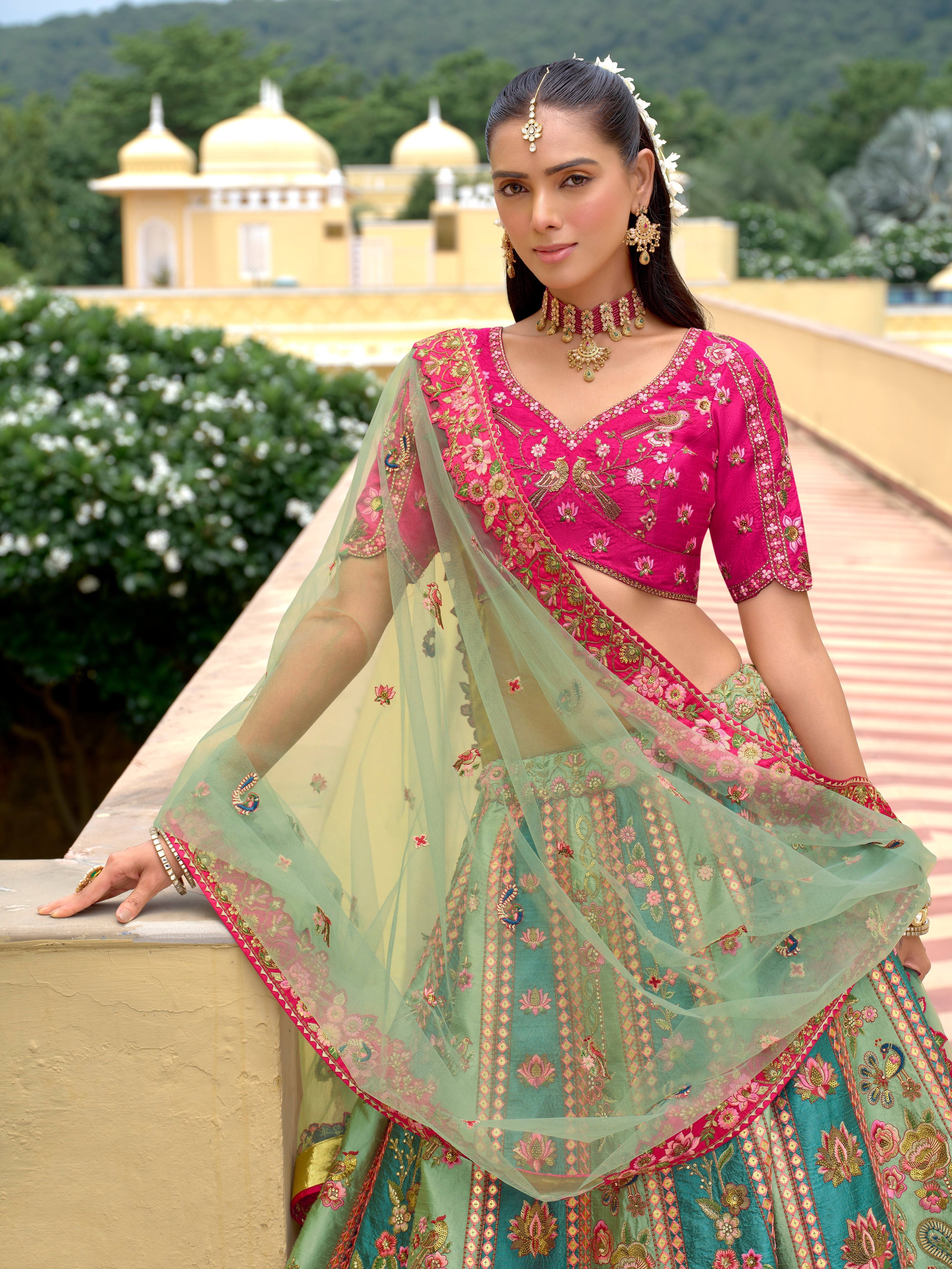 Classic Sage Green Embellished Viscose Satin Lehenga Set