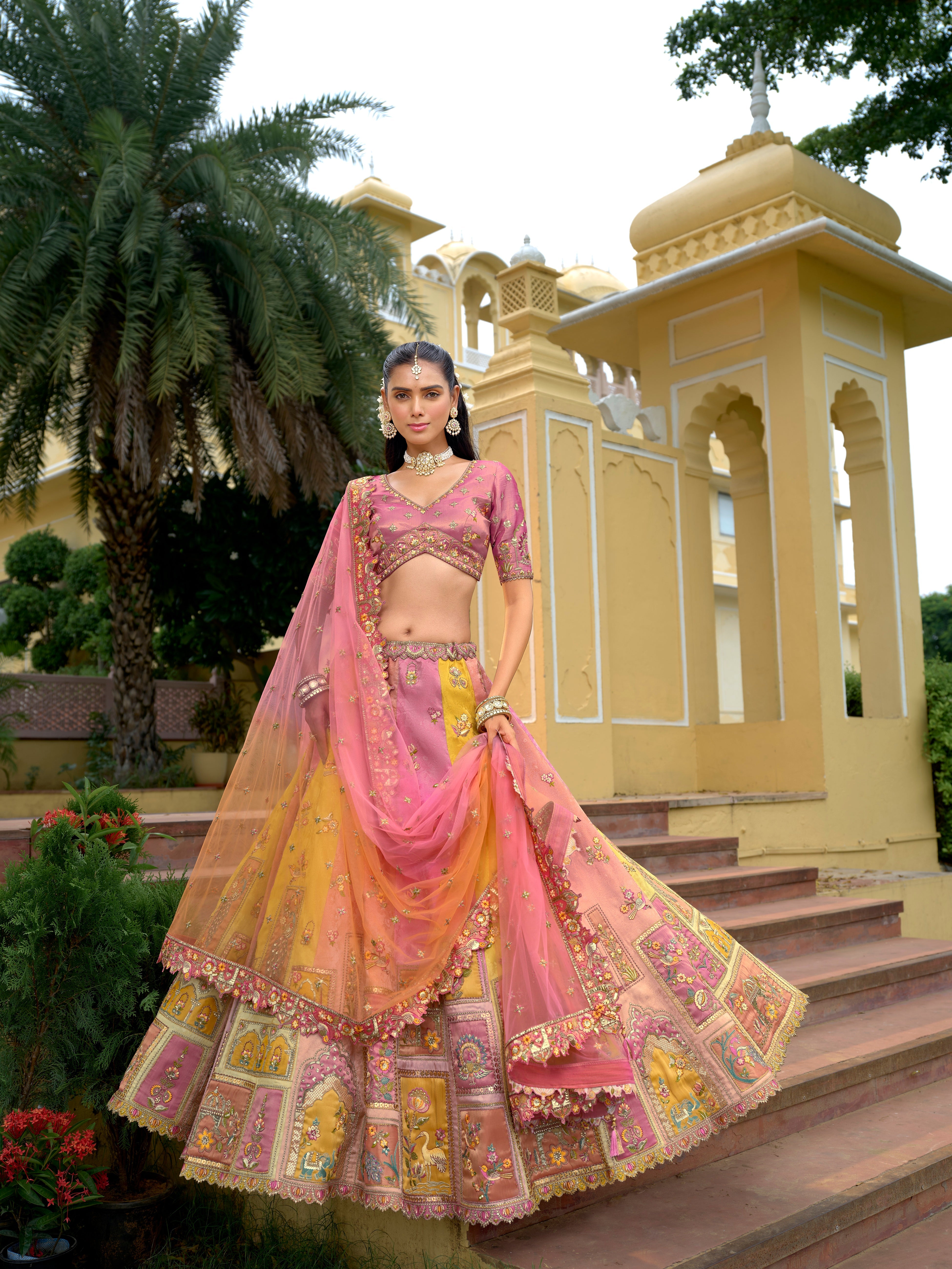 Pink–Peach Embellished Tissue Silk Lehenga Set
