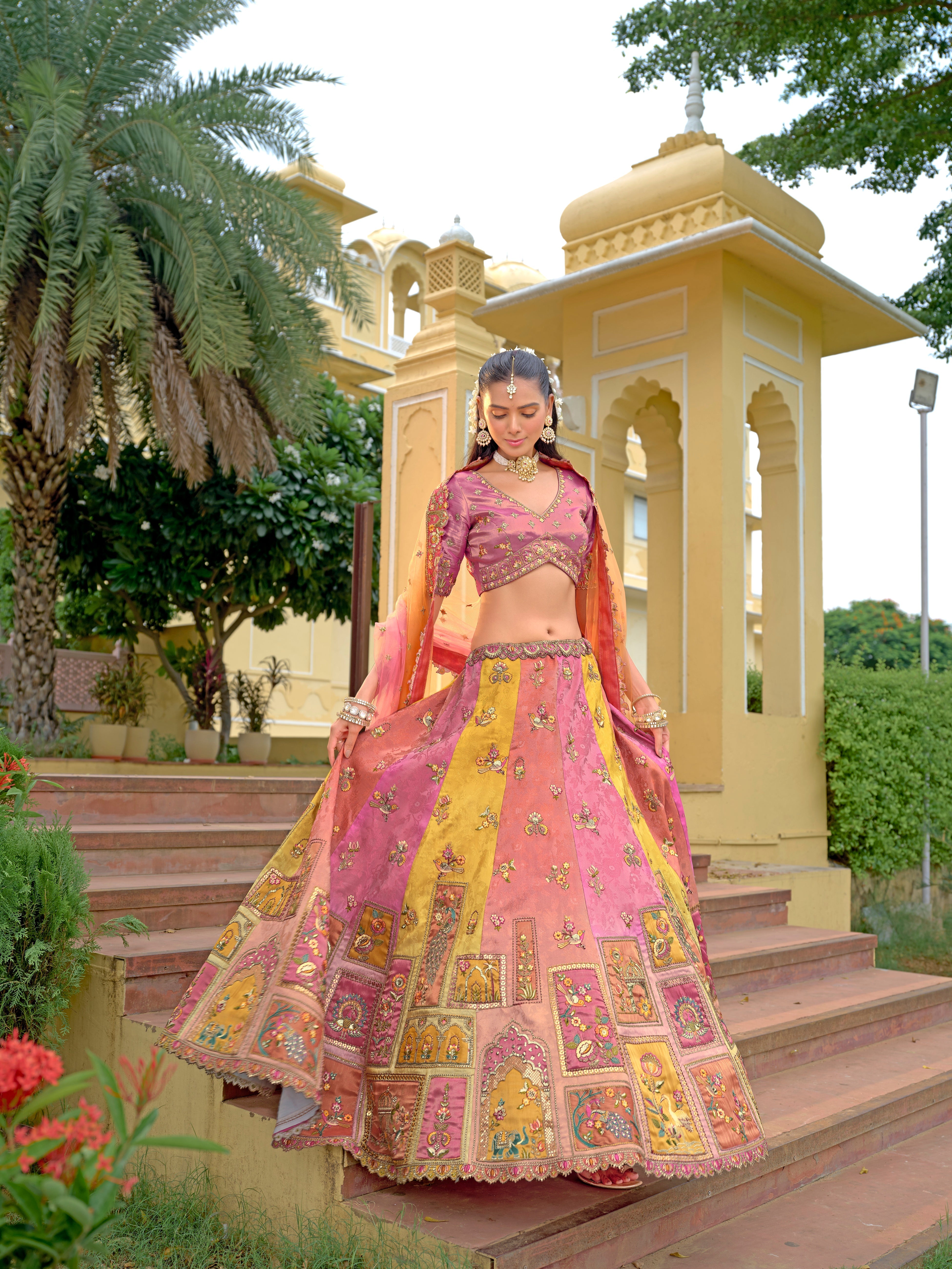 Pink–Peach Embellished Tissue Silk Lehenga Set
