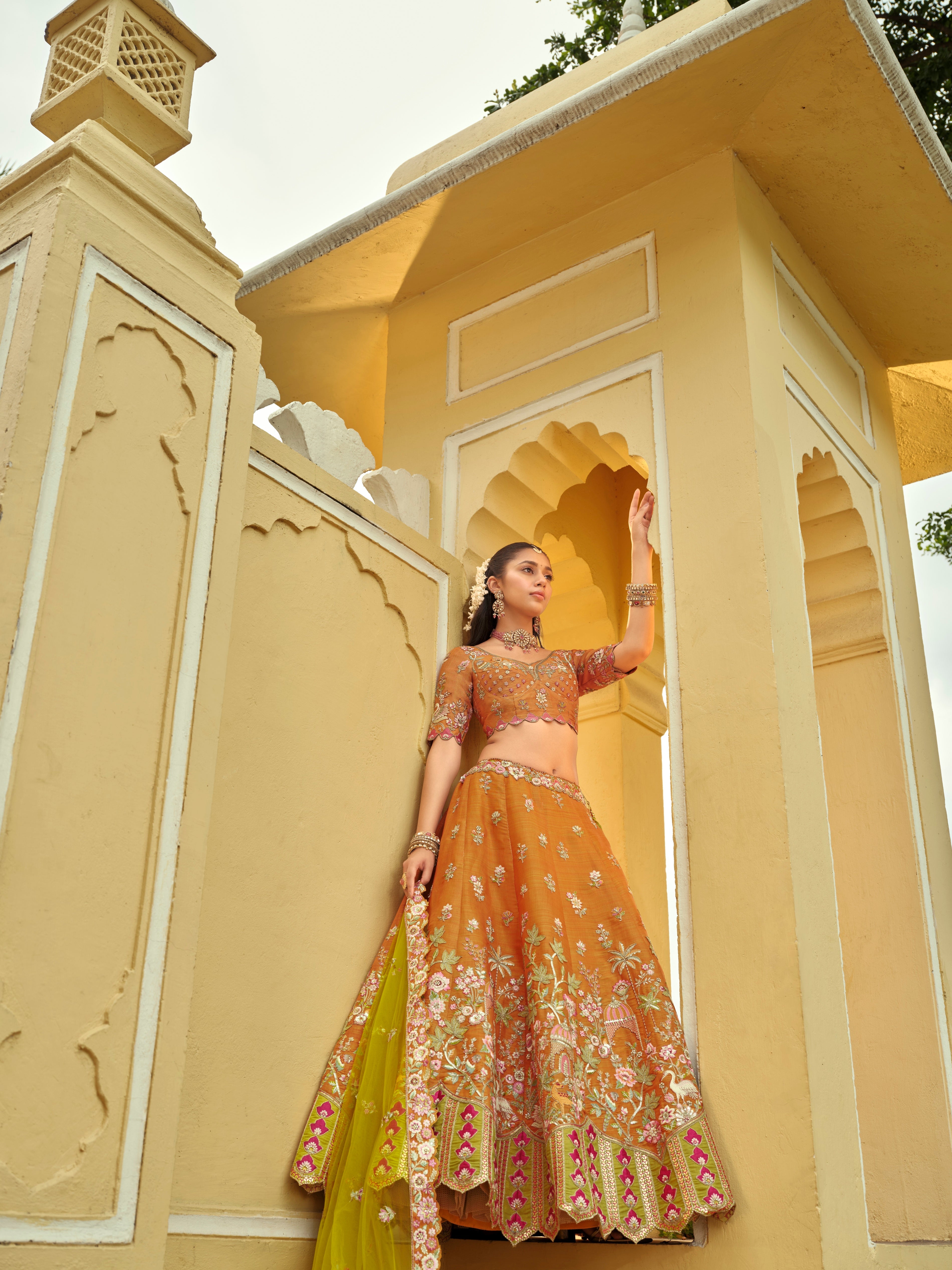 Burnt Orange Embellished Premium Silk Lehenga Set