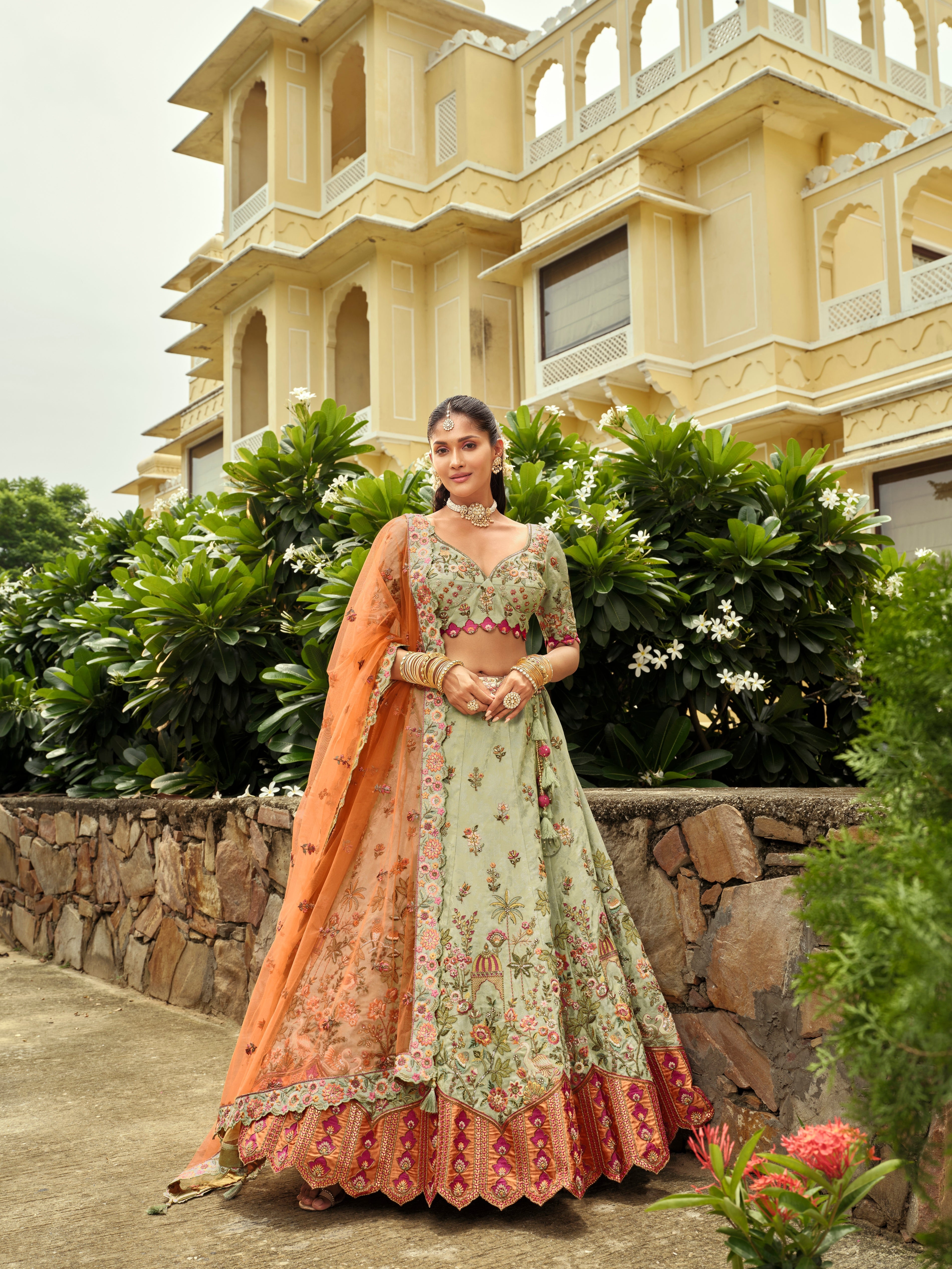 Sage Green Embellished Premium Silk Lehenga Set