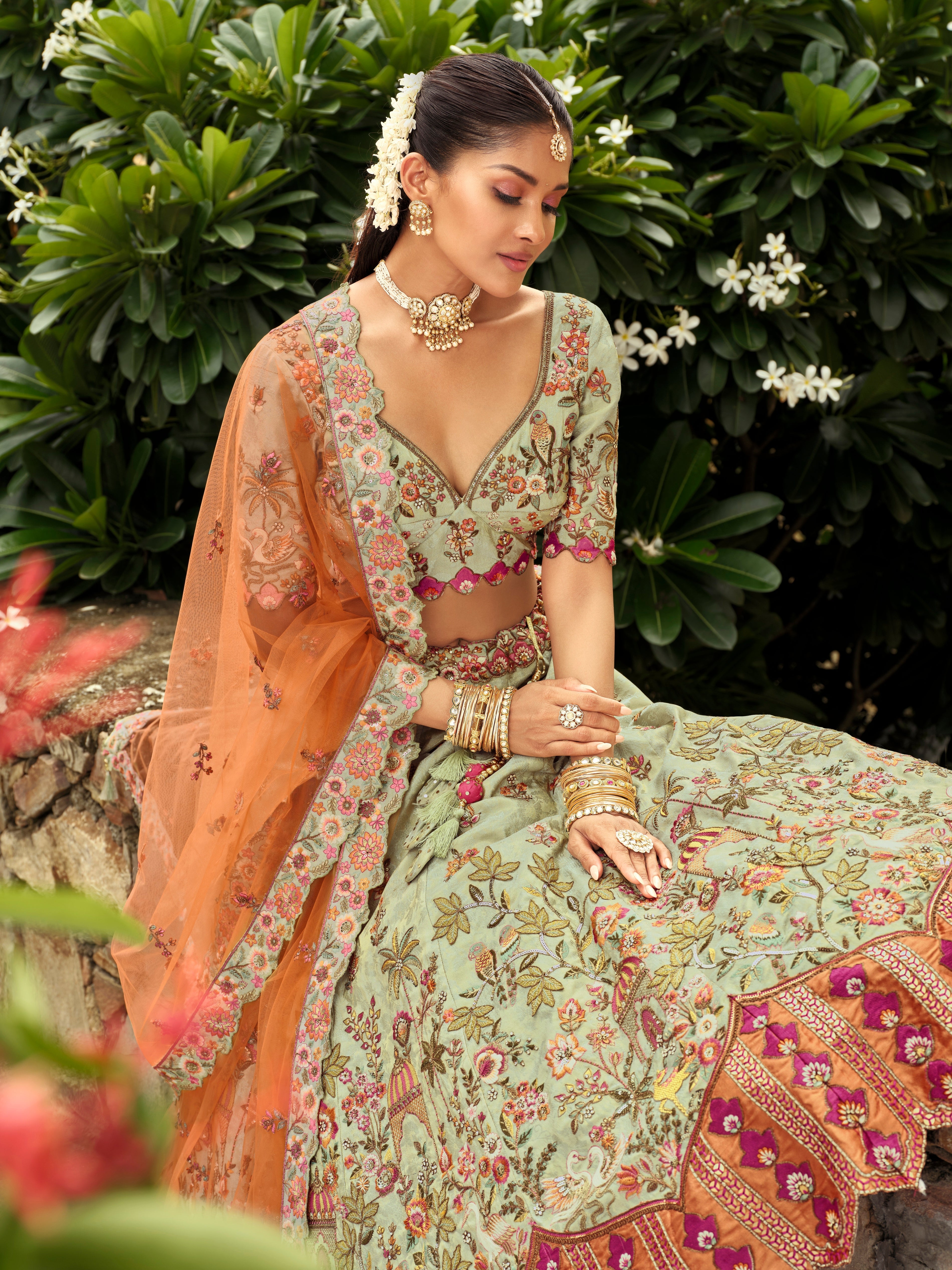 Sage Green Embellished Premium Silk Lehenga Set