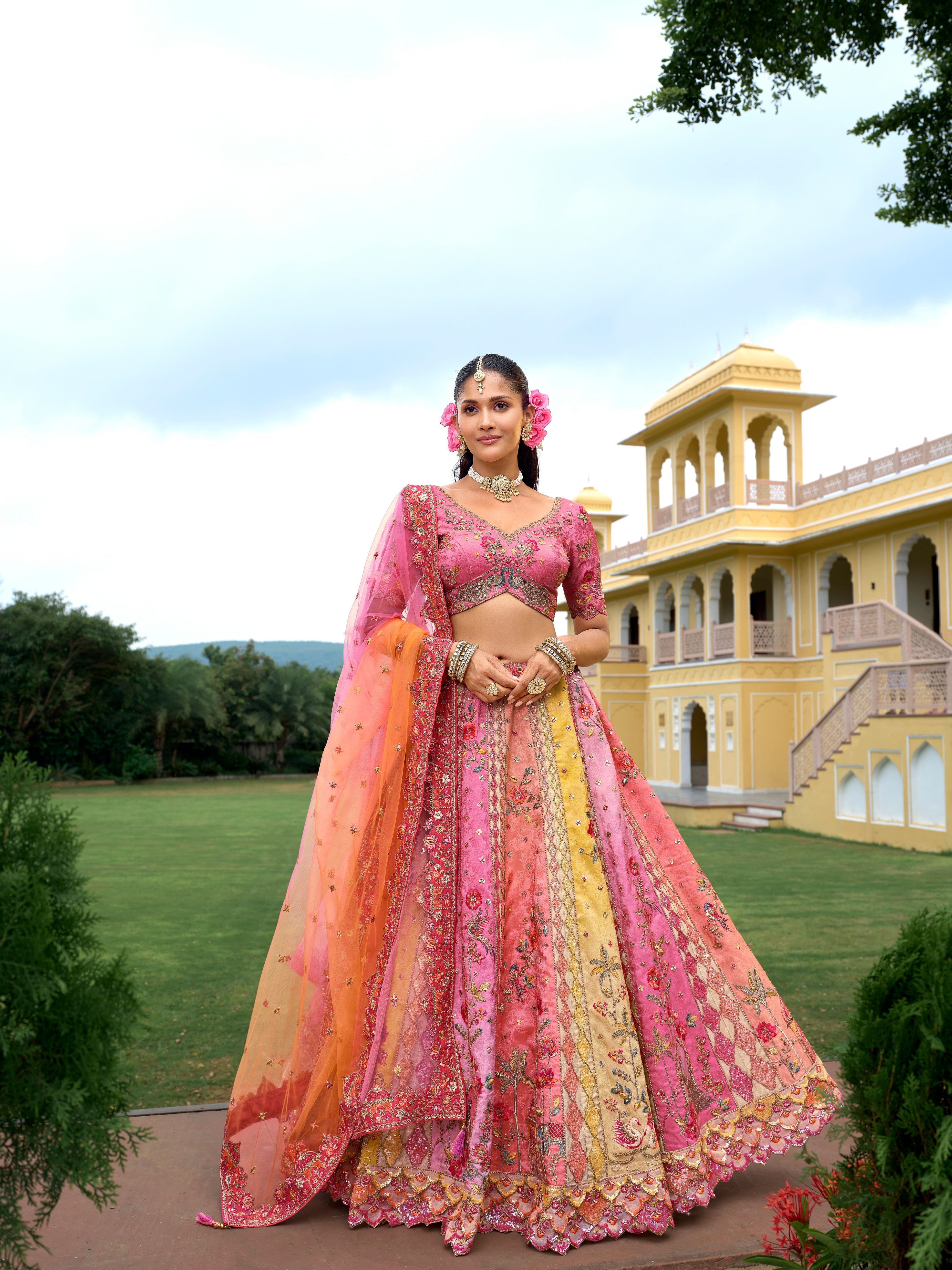 Bright Multi Pink Embellished Tissue Silk Lehenga Set