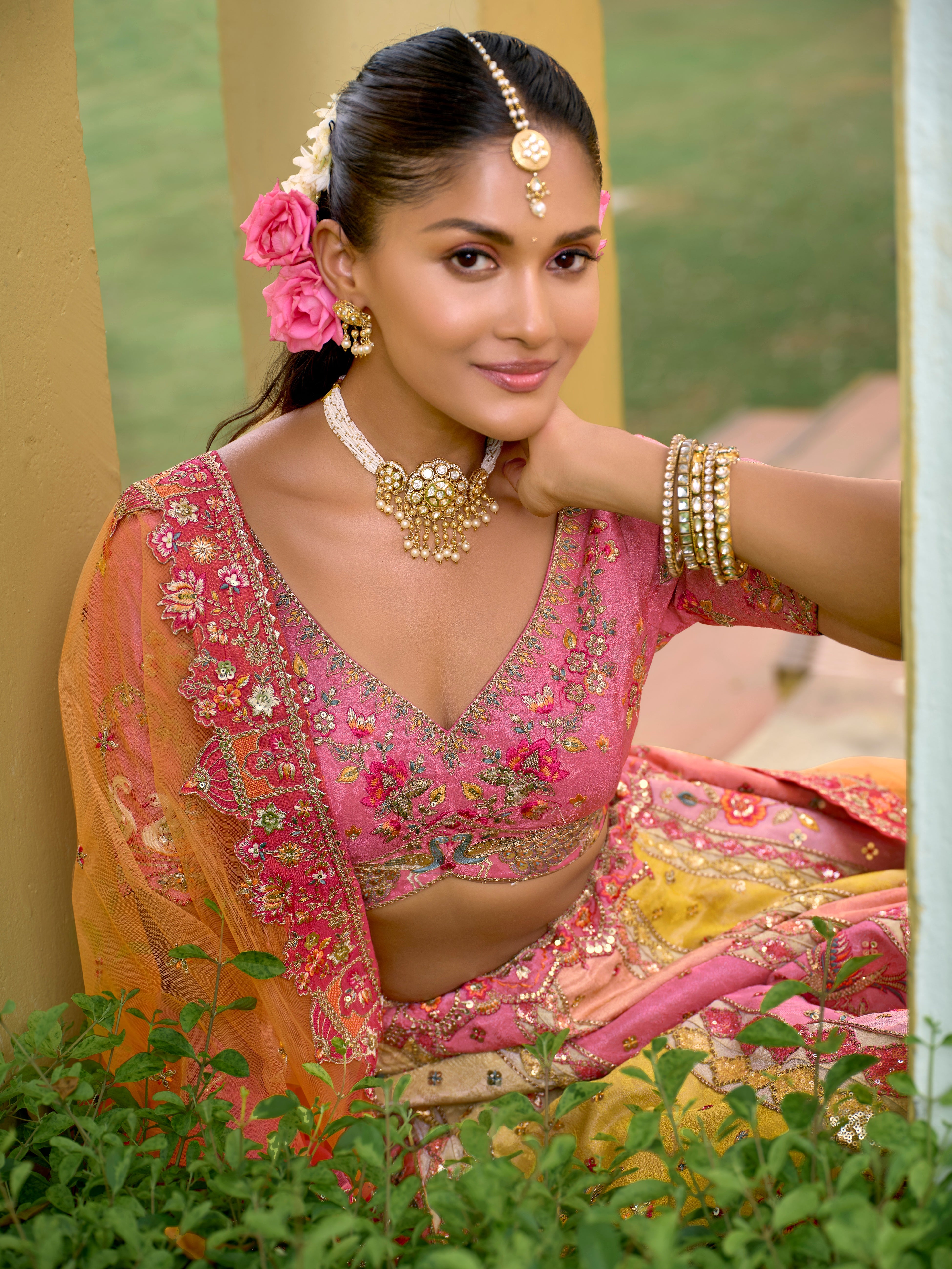 Bright Multi Pink Embellished Tissue Silk Lehenga Set