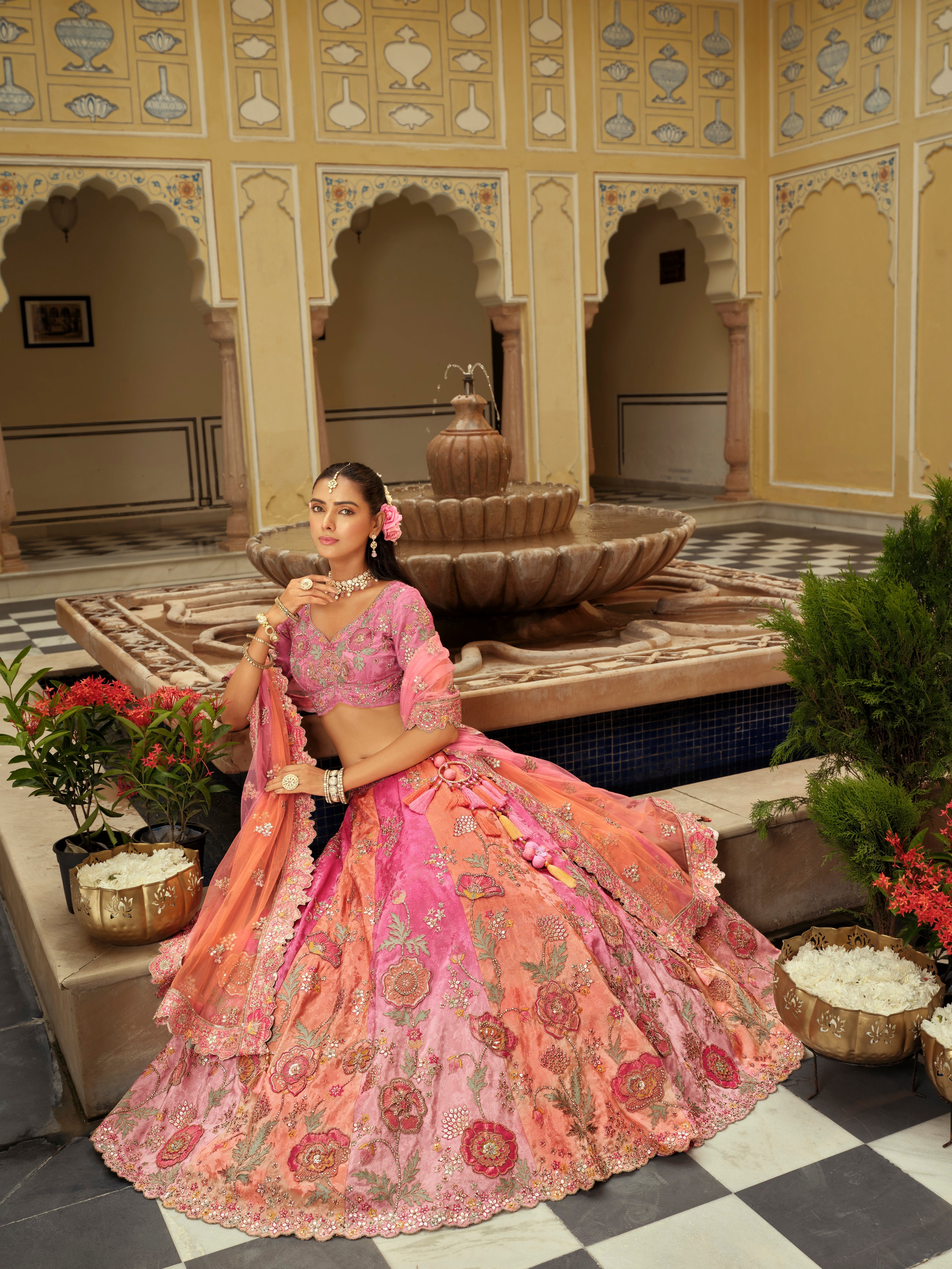 Pink & Orange Embellished Premium Silk Lehenga Set