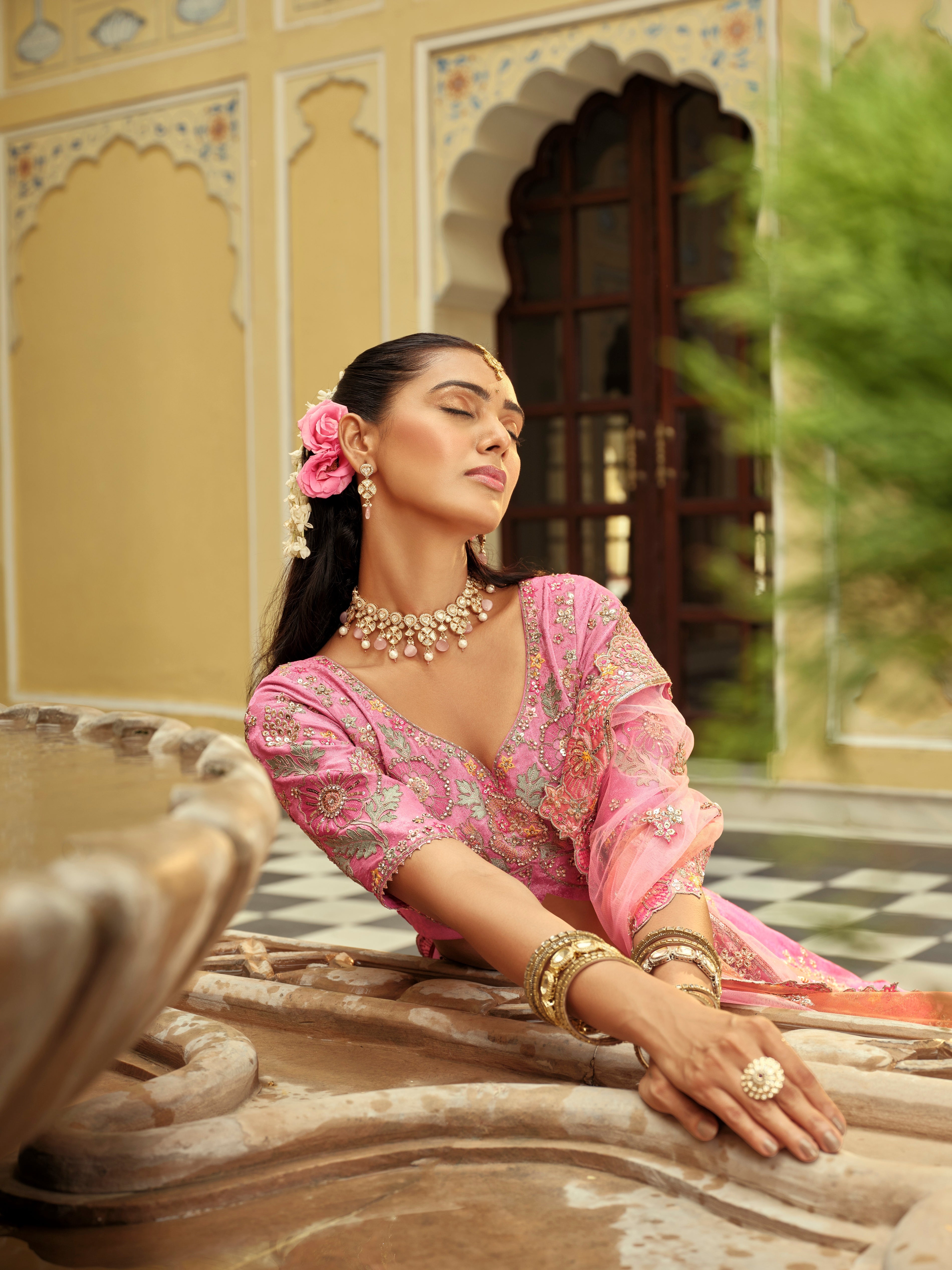 Pink & Orange Embellished Premium Silk Lehenga Set