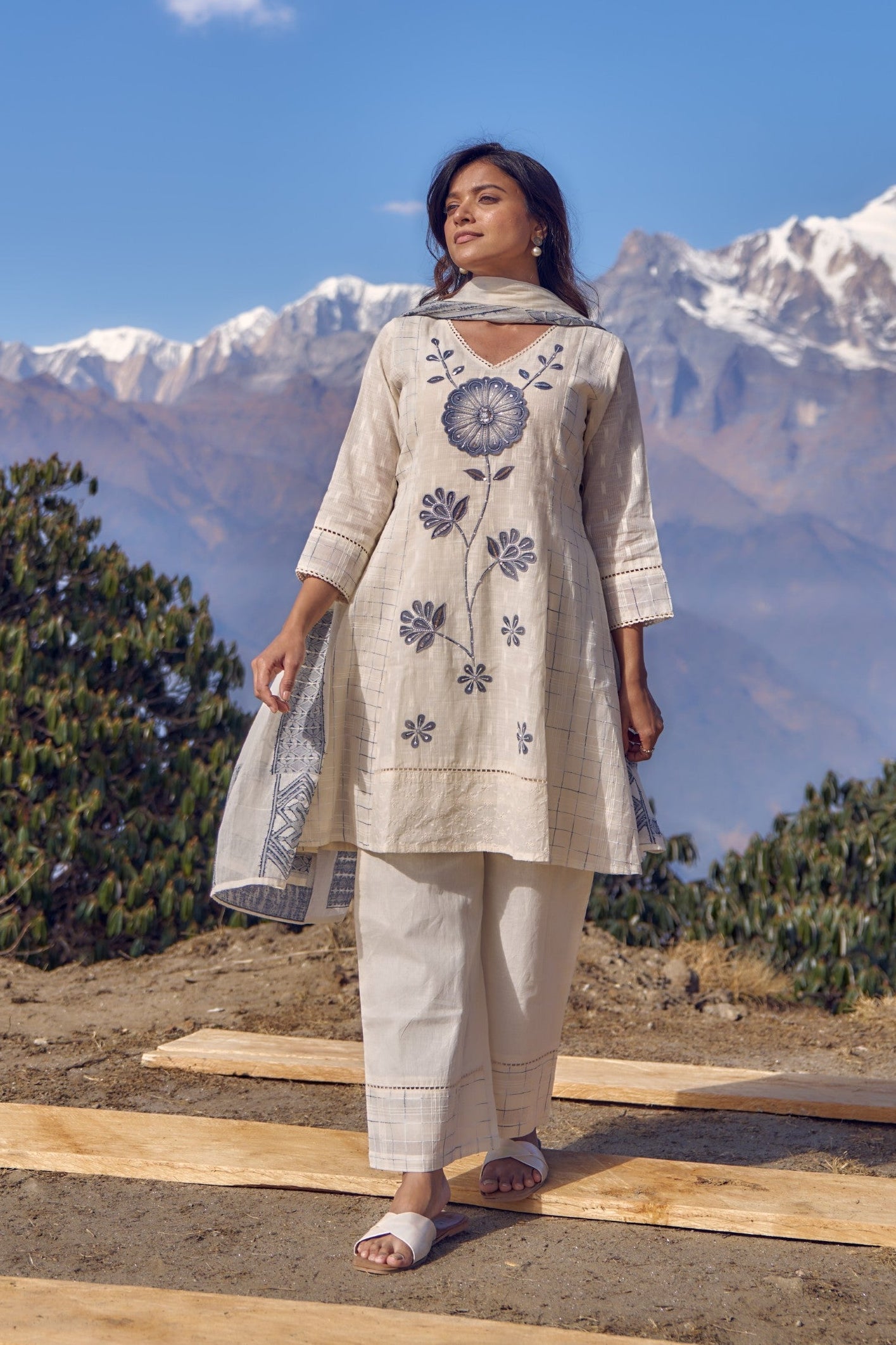 Off-White Embellished Chanderi Silk Pant Set
