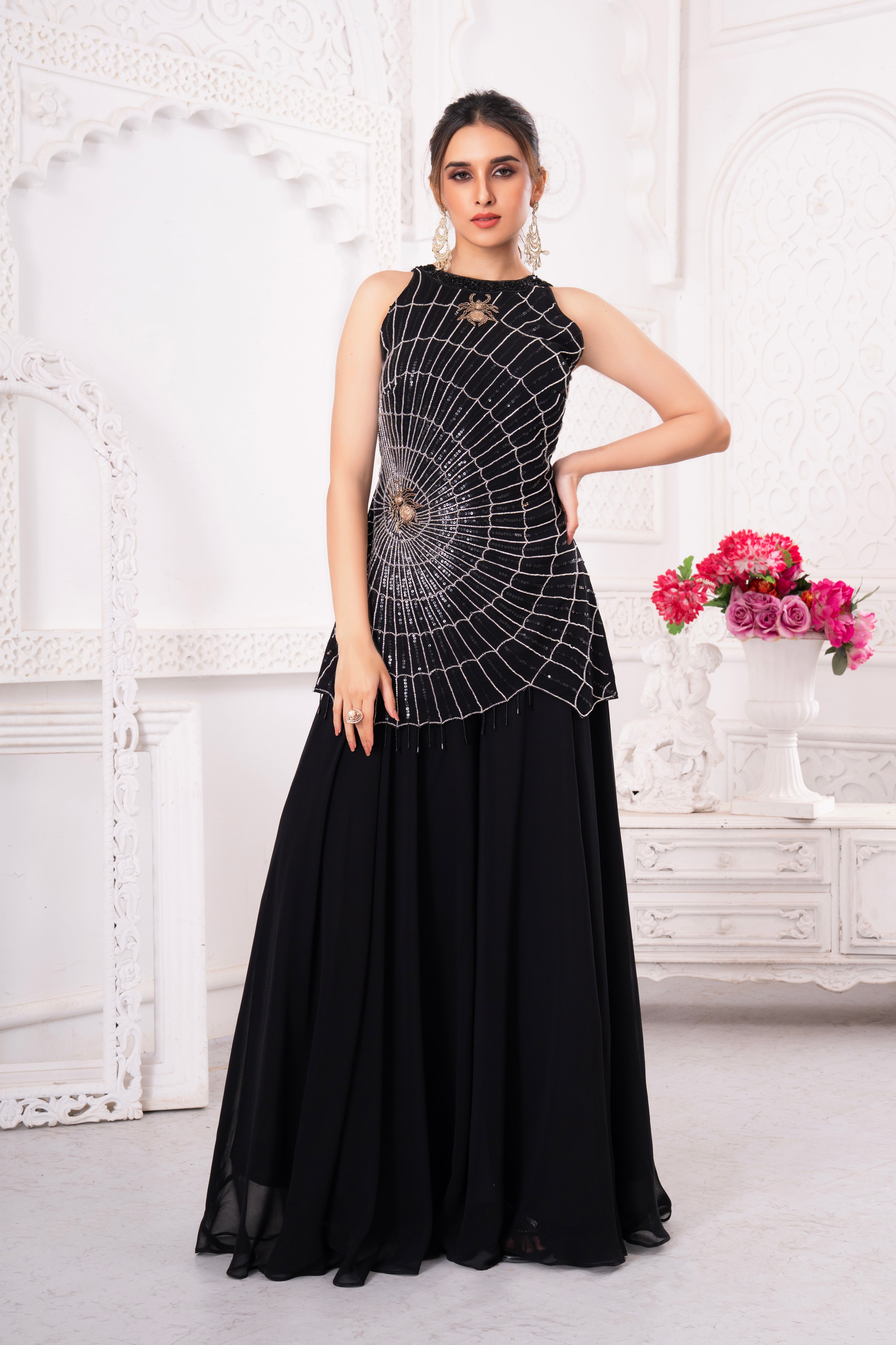 Stylish Black Spider Net Tunic & Palazzo Set