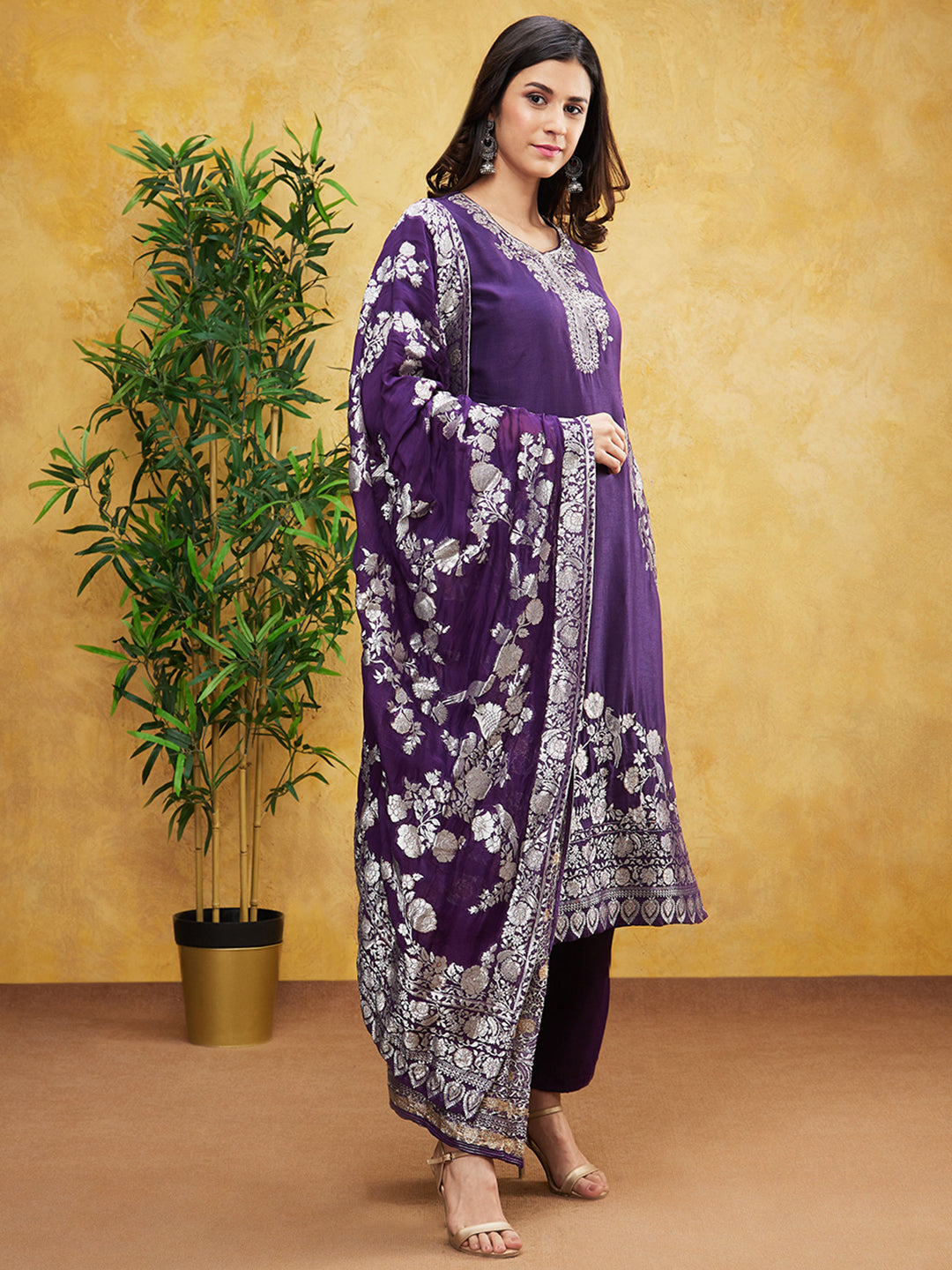 Purple Embroidered Brocade Silk Pants Set