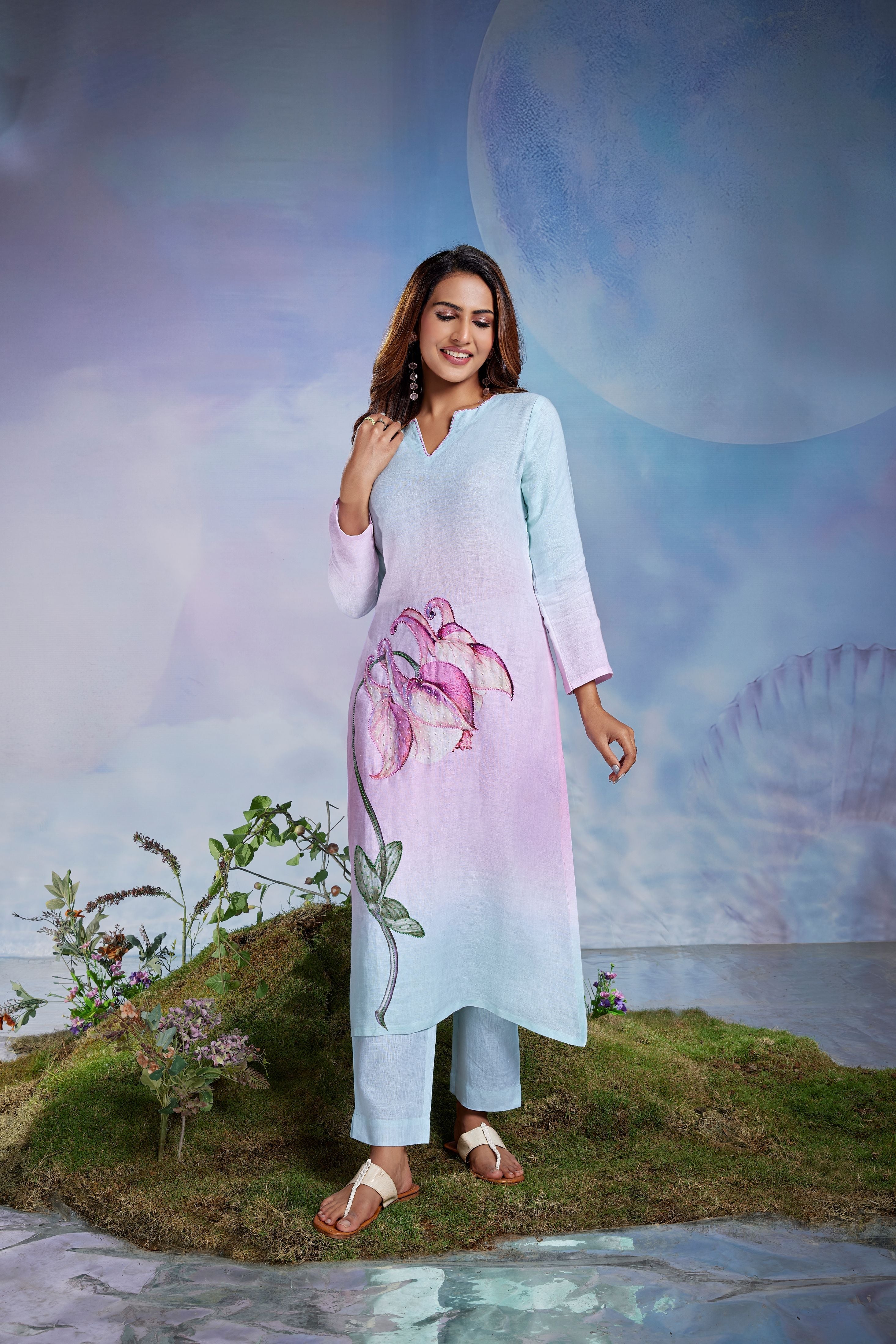 Sky Blush Embellished Linen Pant Set