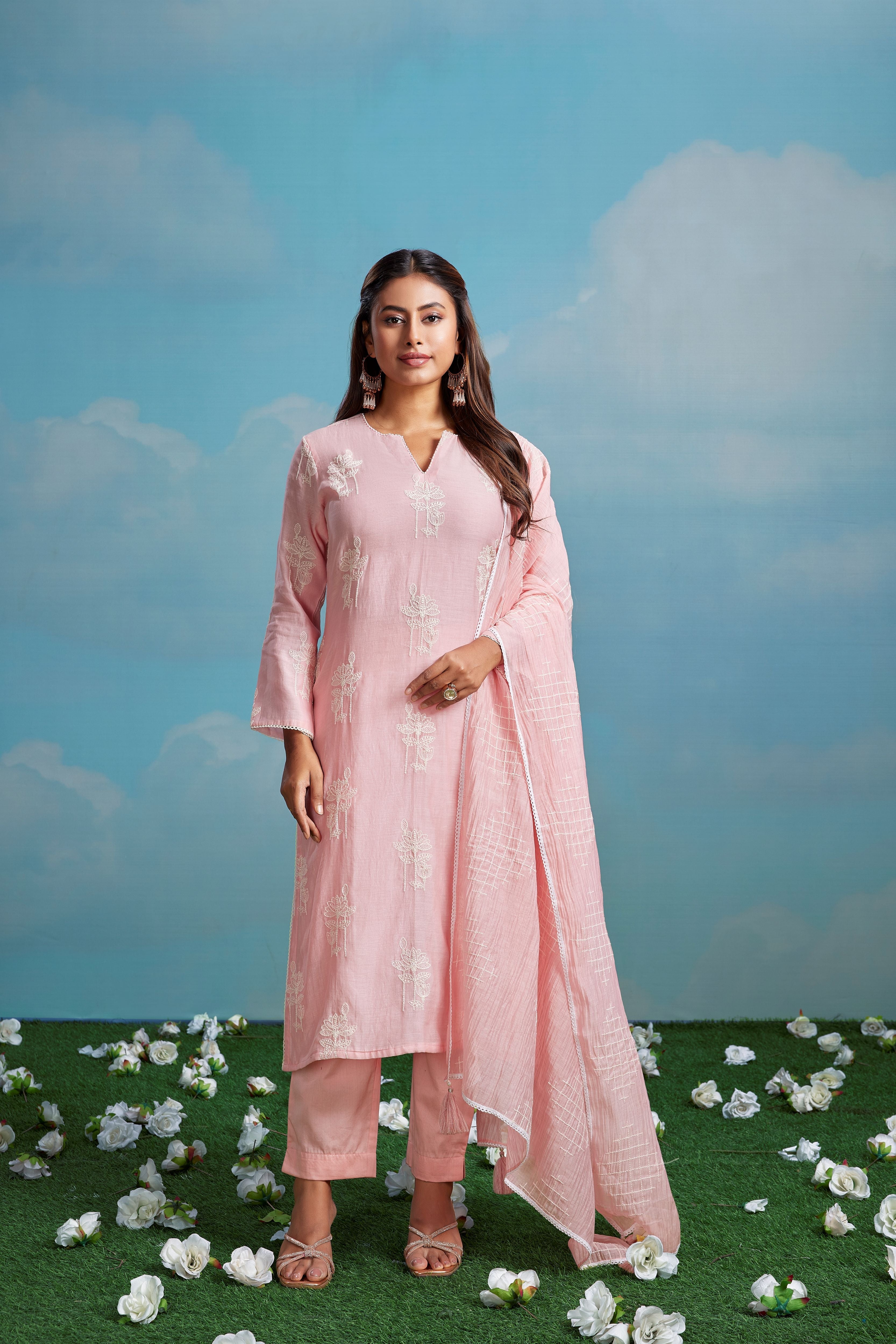 Blush Petal Embroidered Chanderi Silk Pant Set