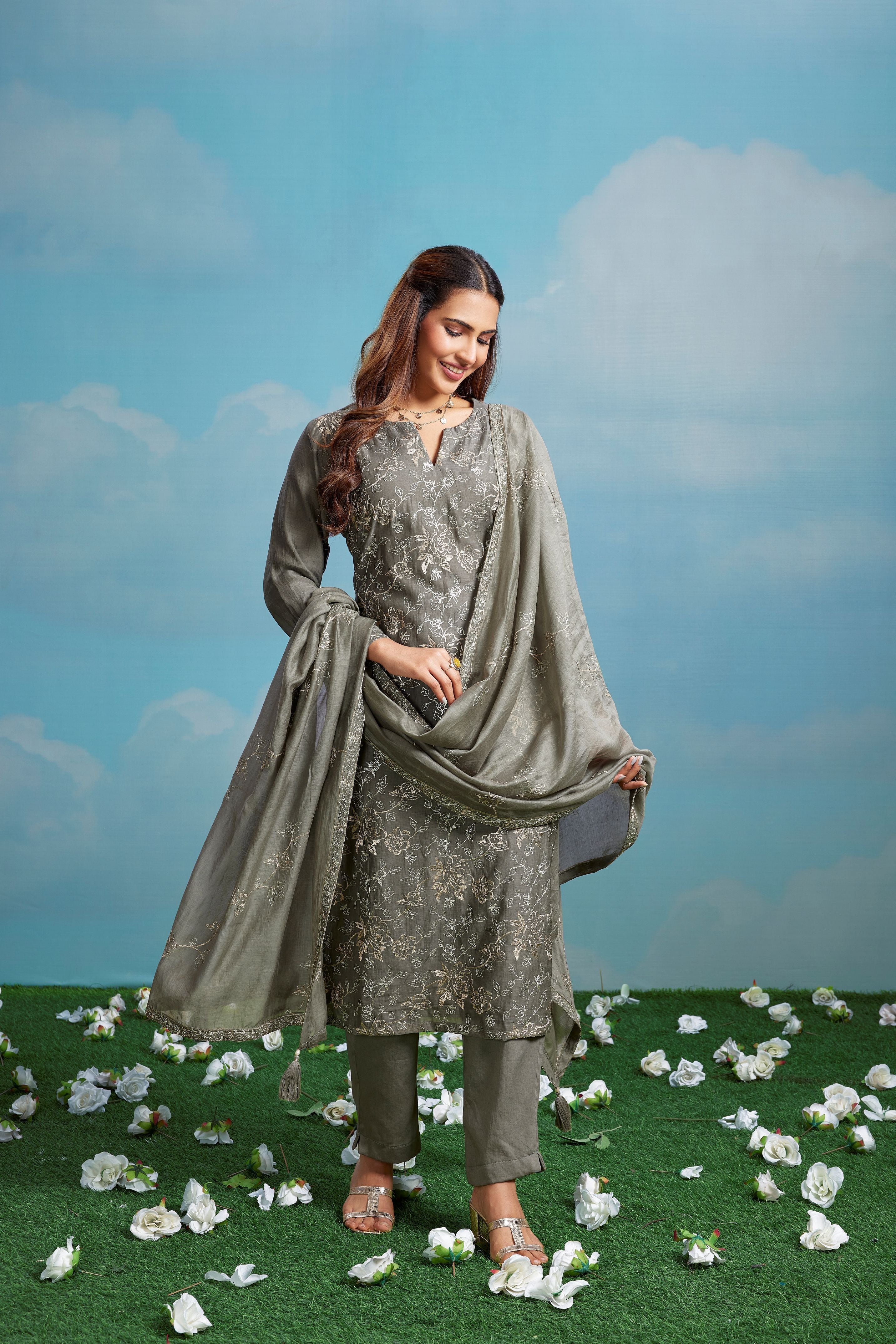 Sage Glimmer Embroidered Chanderi Silk Pant Set