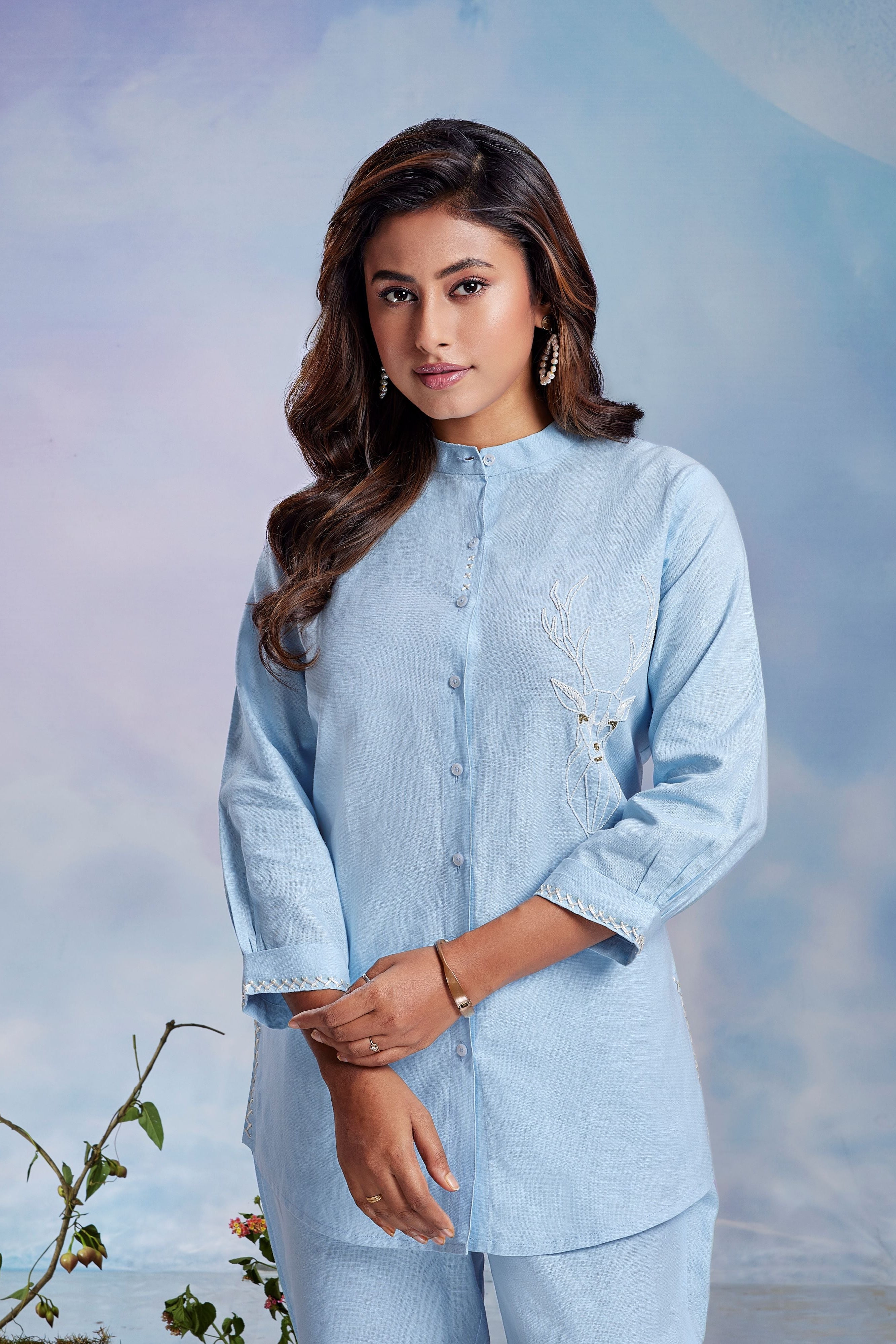 Powder Blue Embellished Linen Co-Ord Set