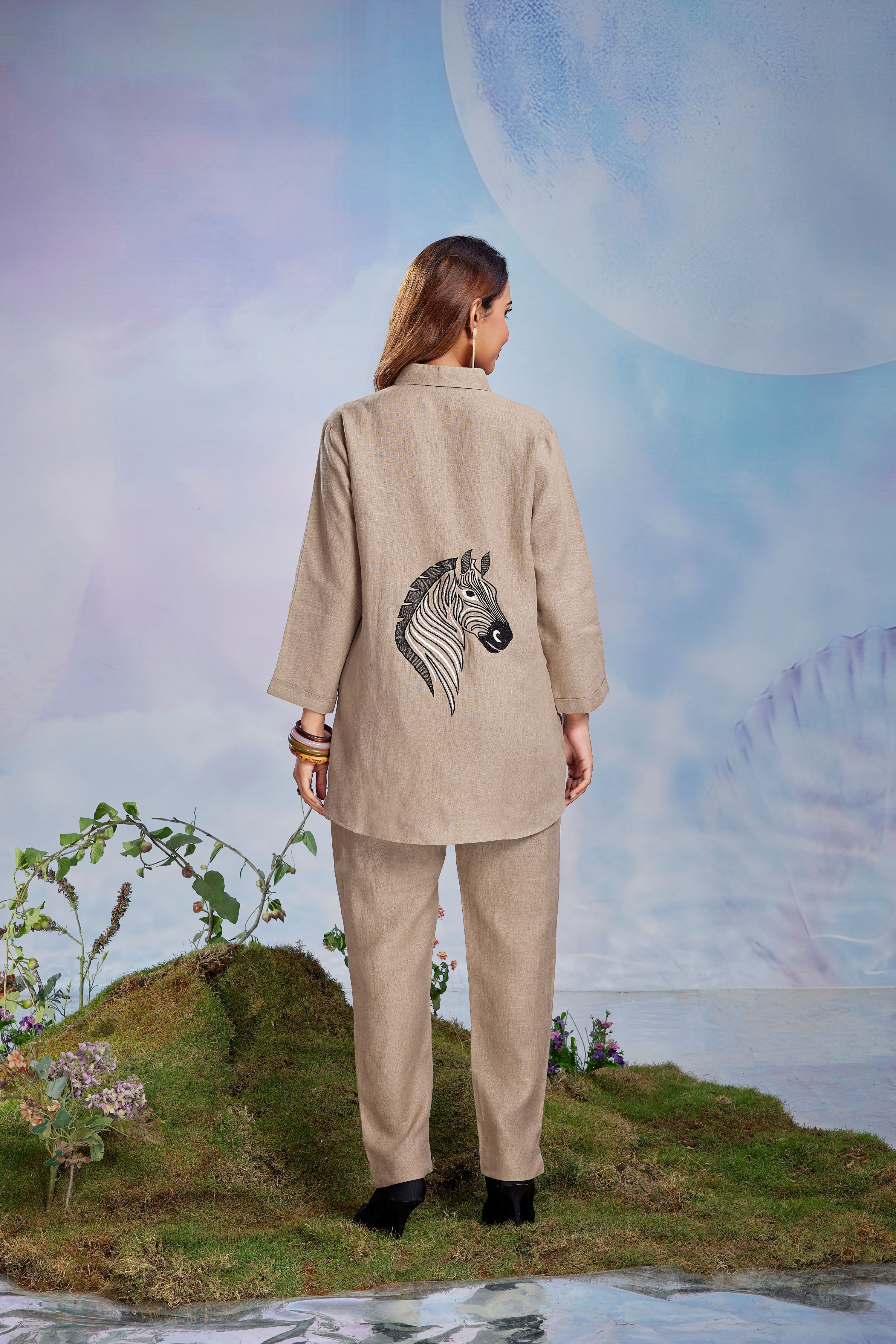 Sandstone Beige Embroidered Linen Co-Ord Set