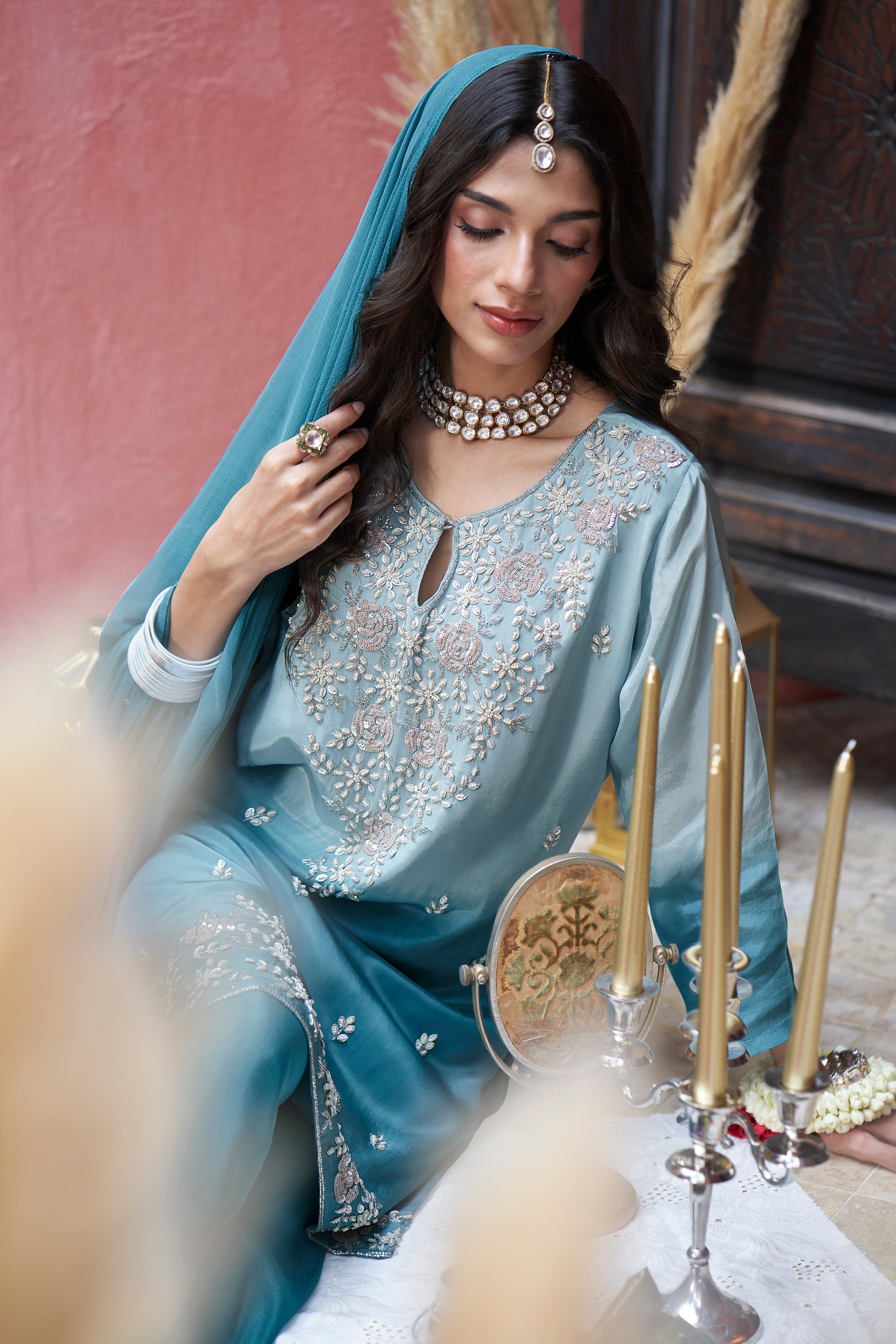 Sky Ombre Embellished Crepe Silk Palazzo Set