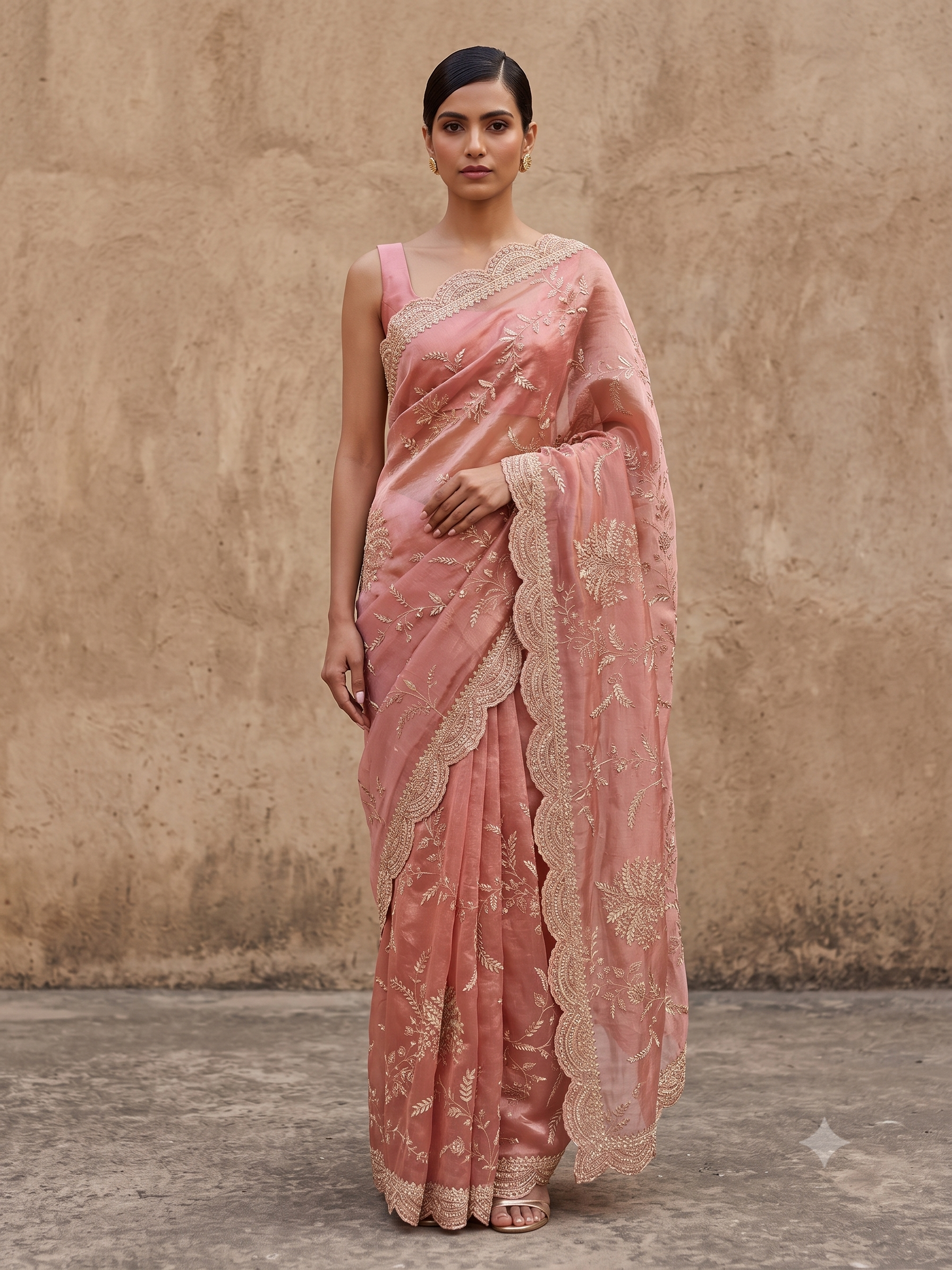 Peach Embellished Tissue Silk Saree