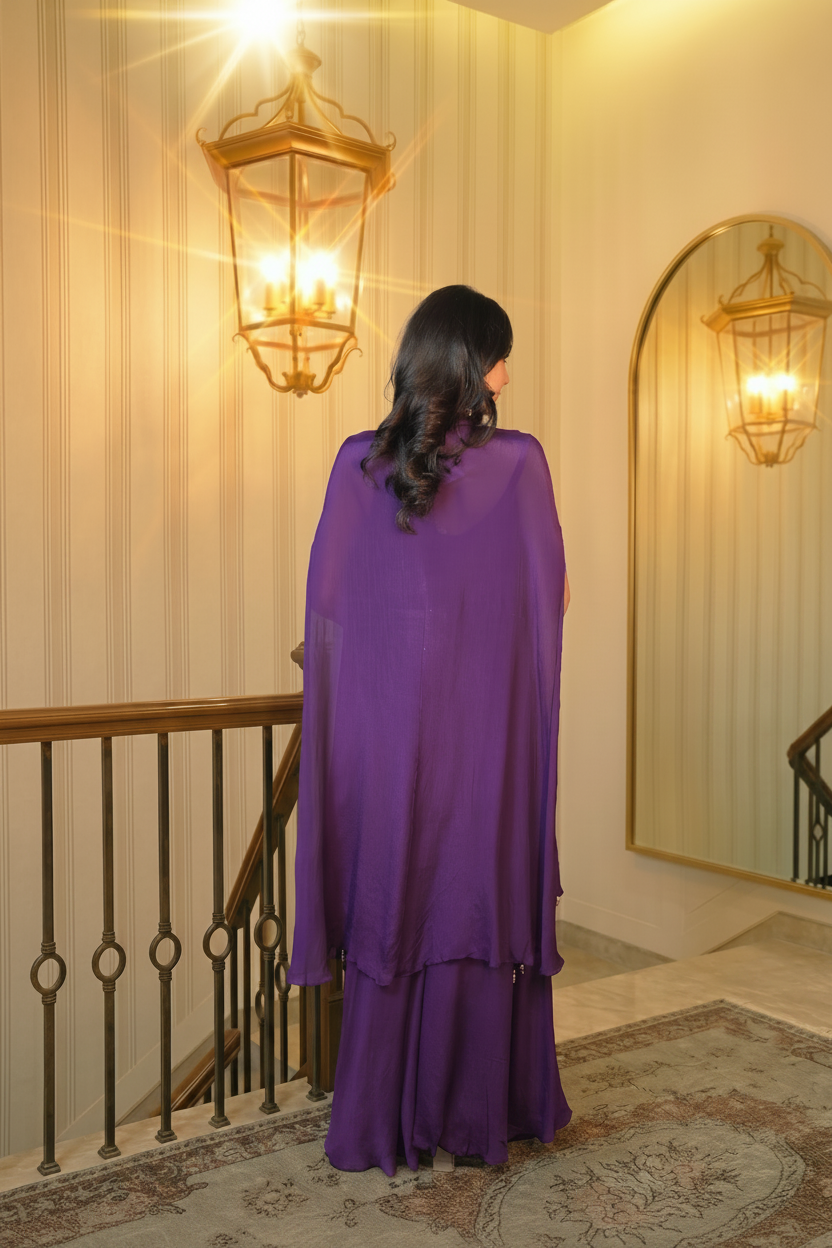 Royal Purple Embellished Chinon Silk Palazzo Set