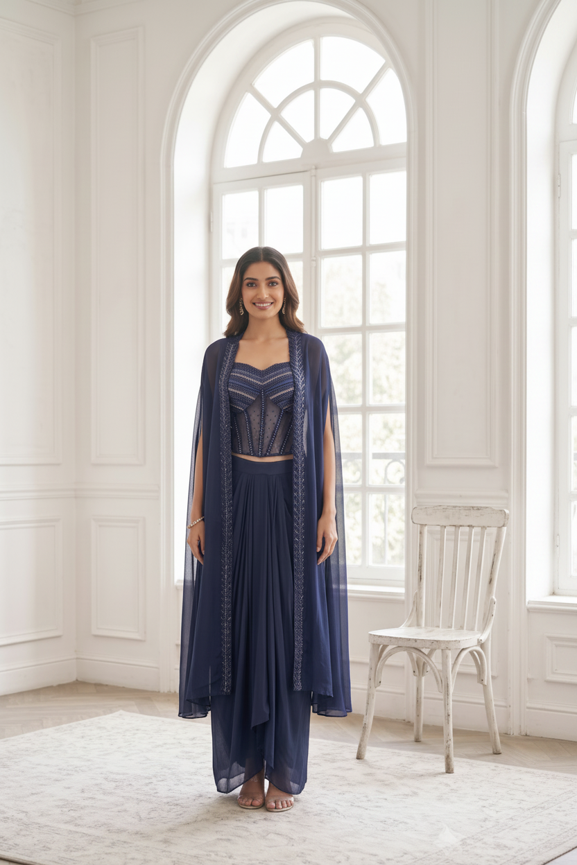 Royal Navy Embellished Premium Georgette Cape Set