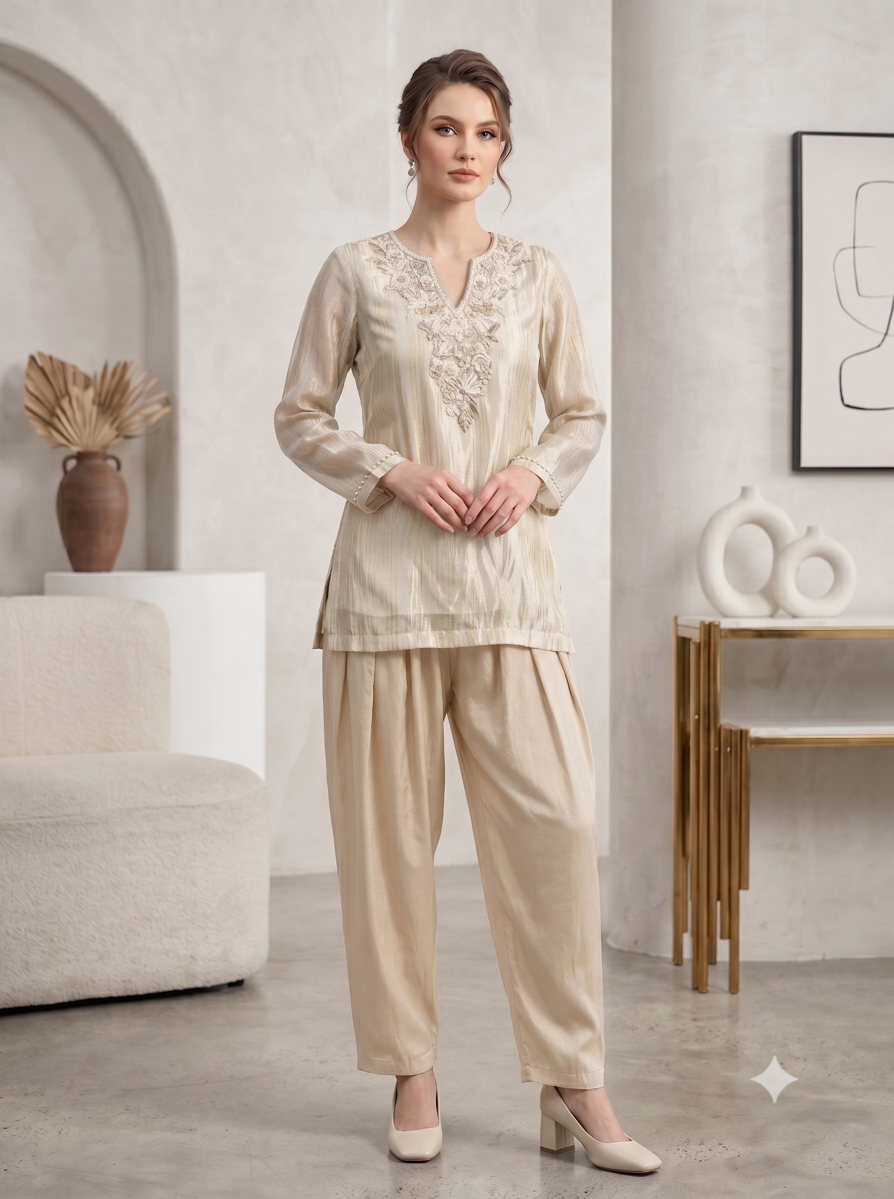 Champagne Ivory Shimmer Tissue Silk Co-Ord Set