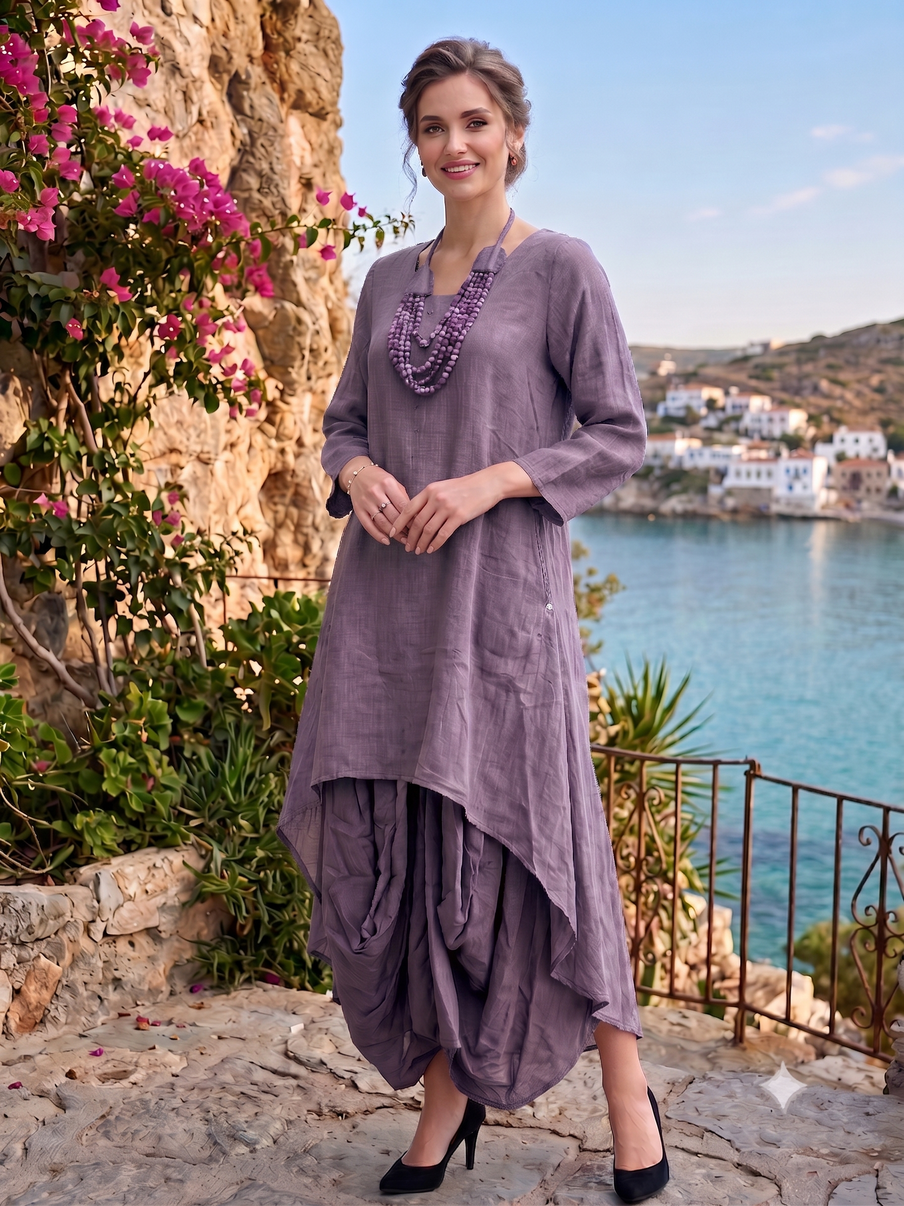 Dusty Iris Asymmetric Draped Cotton Dress