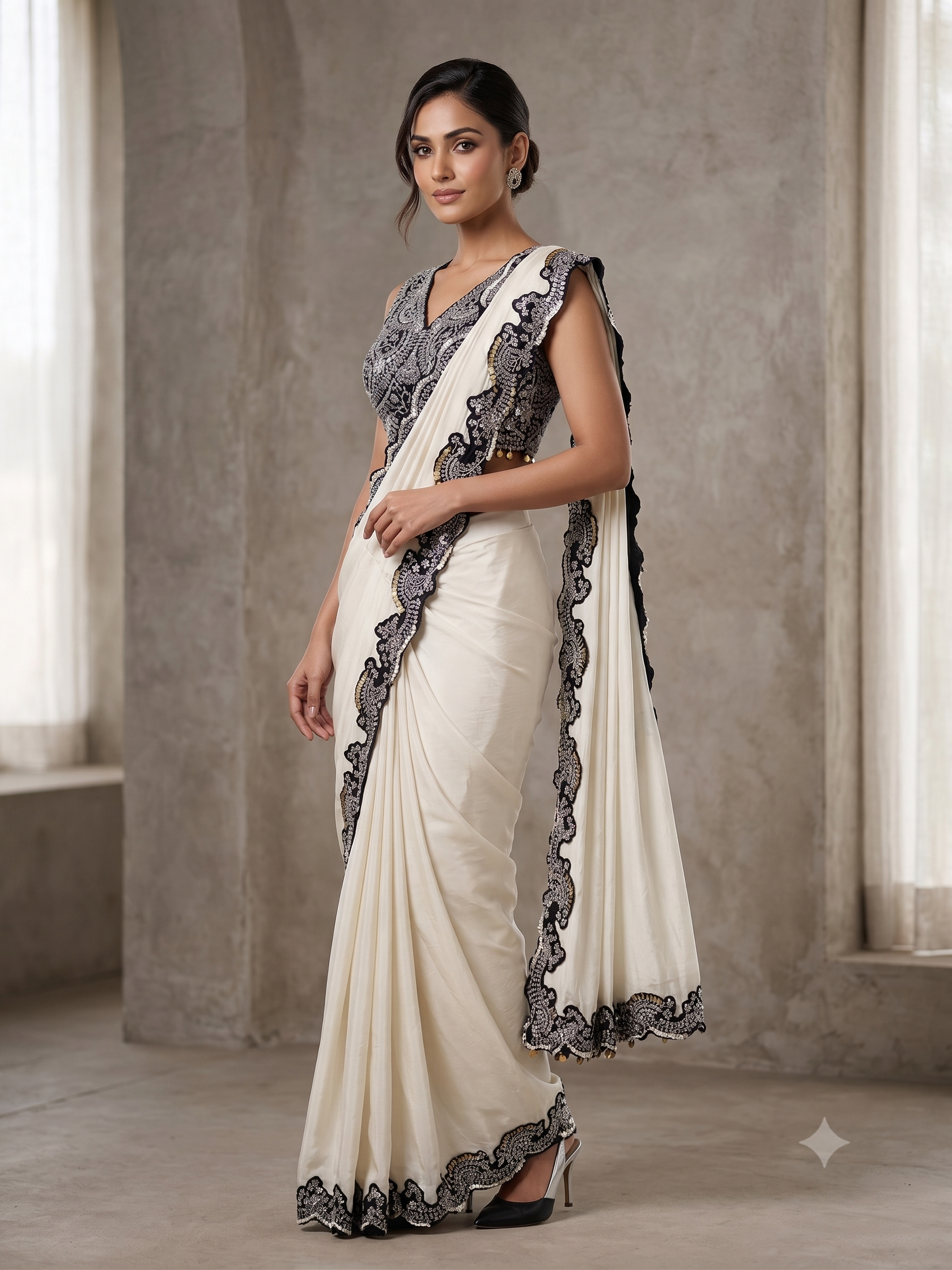 Ivory Noir Embellished Crepe Silk Saree