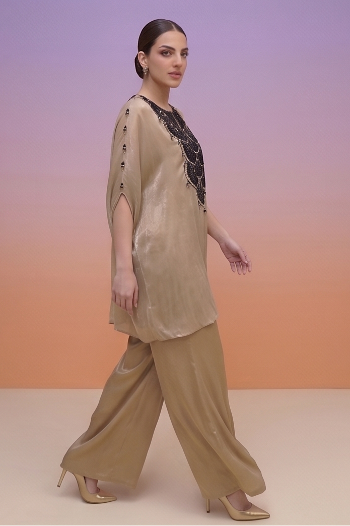 Metallic Beige Embellished Tissue Silk Palazzo Set