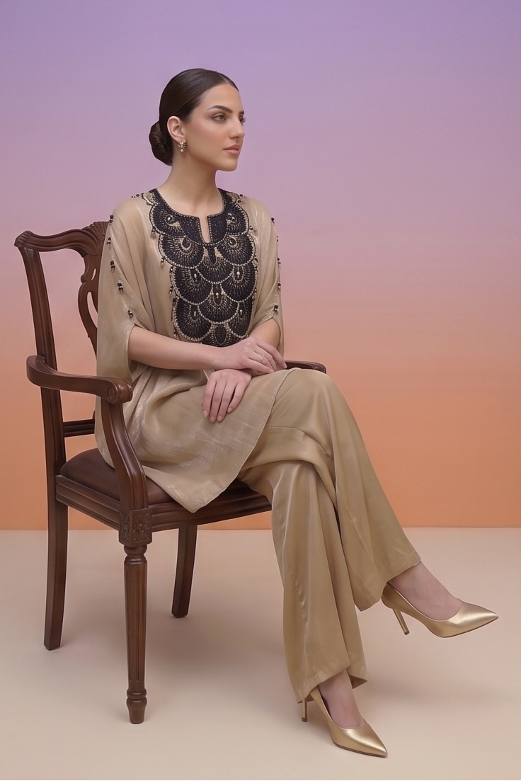 Metallic Beige Embellished Tissue Silk Palazzo Set
