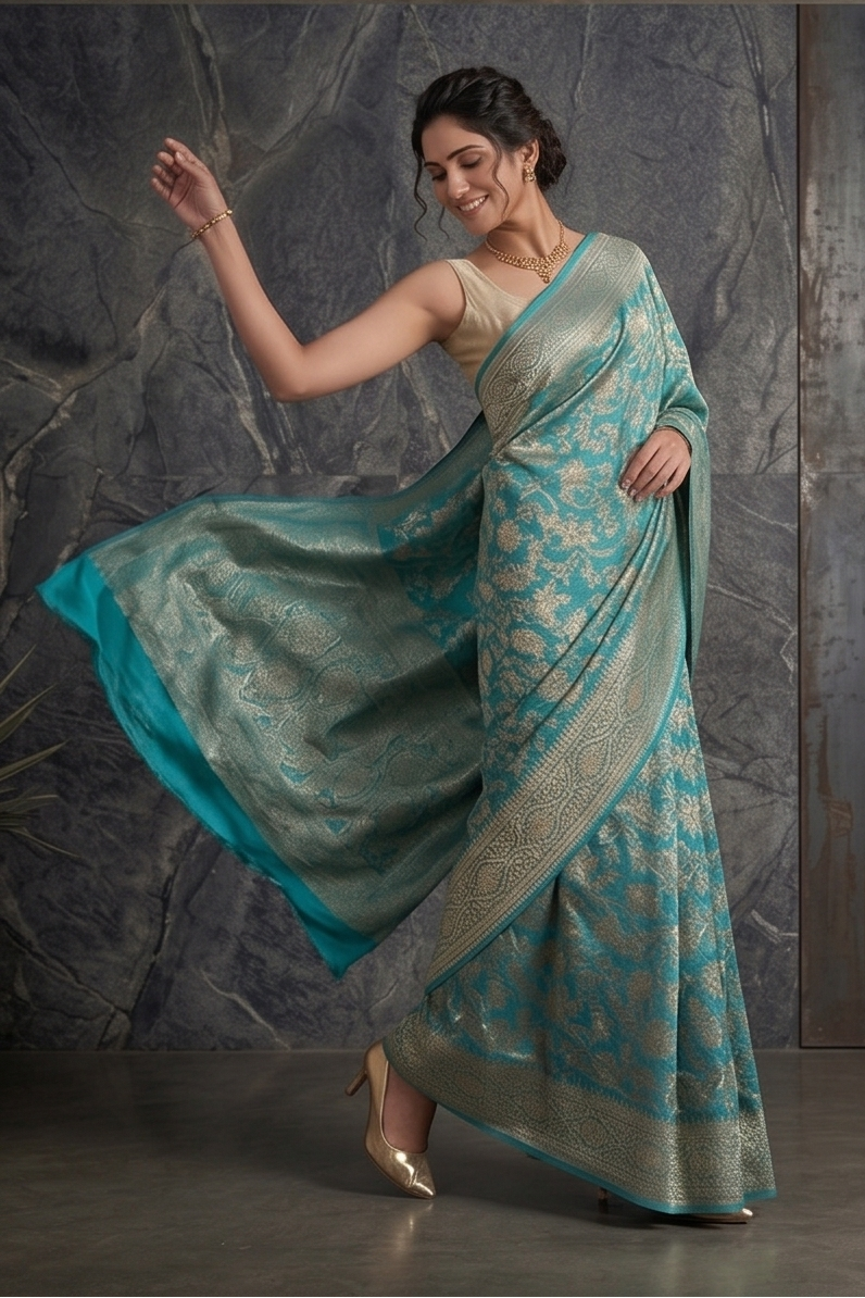 Turquoise Blue Zari Woven Georgette Silk Saree