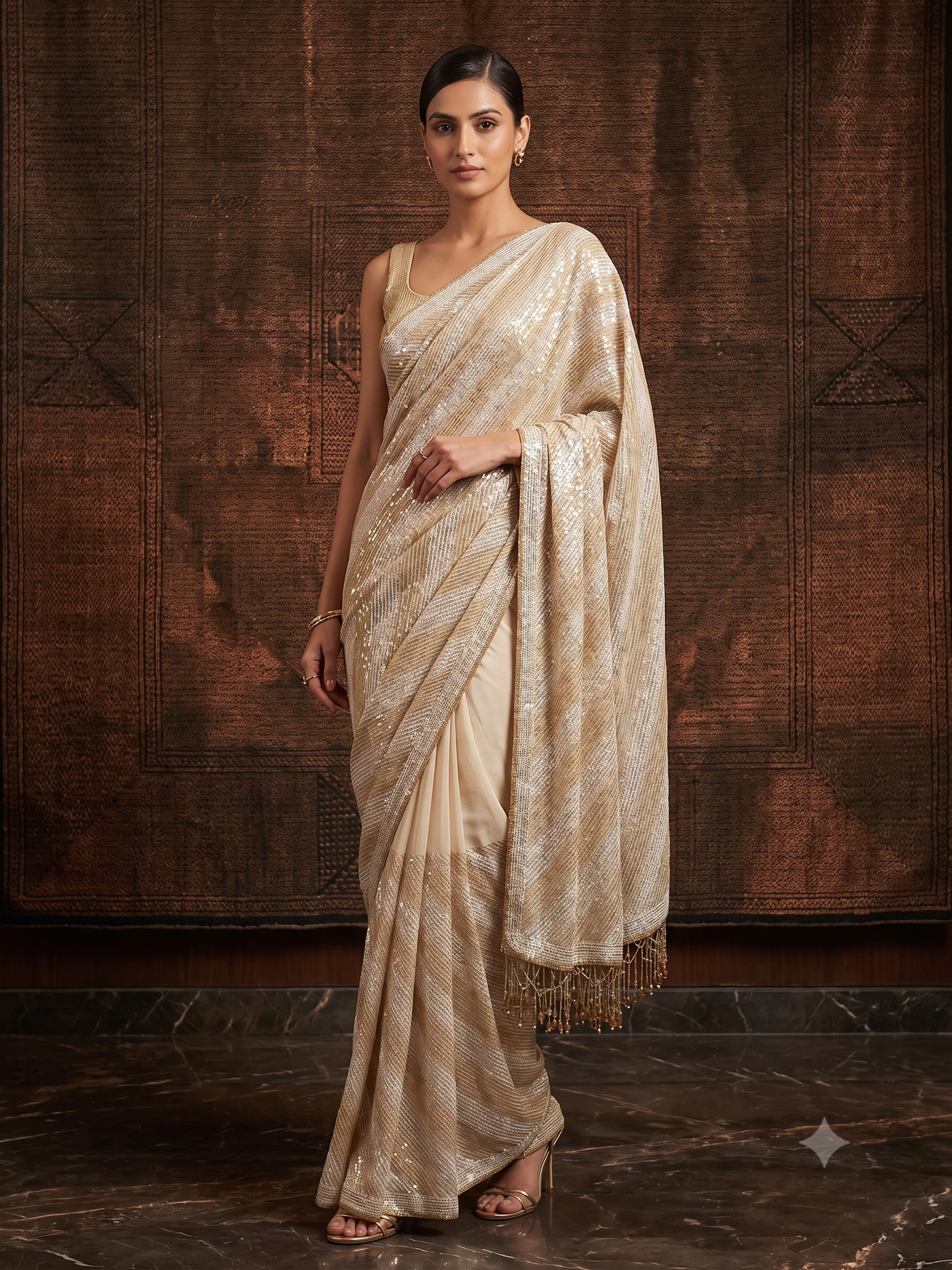 Beige Muse Embellished Georgette Silk Saree