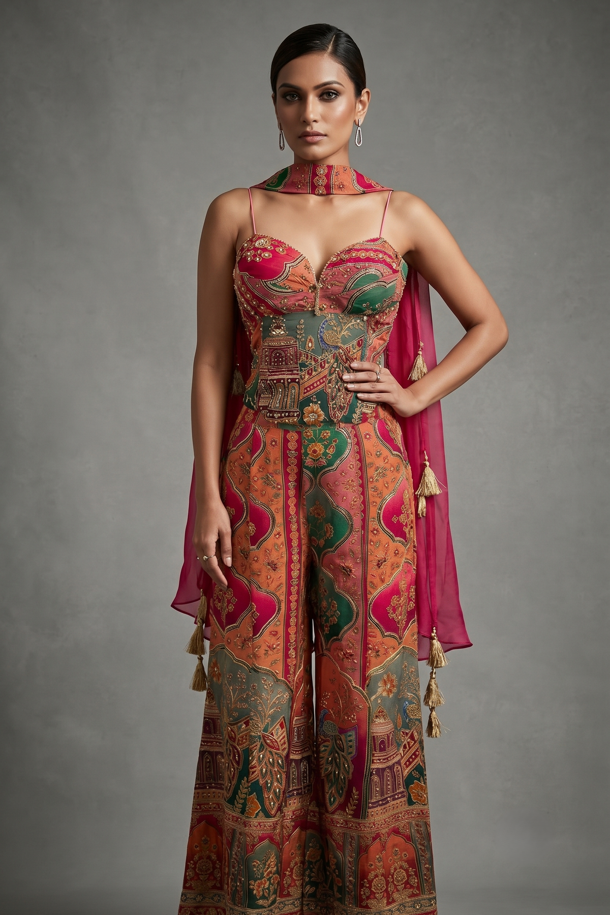 Multicolor Embellished Crepe Silk Corset Palazzo Set