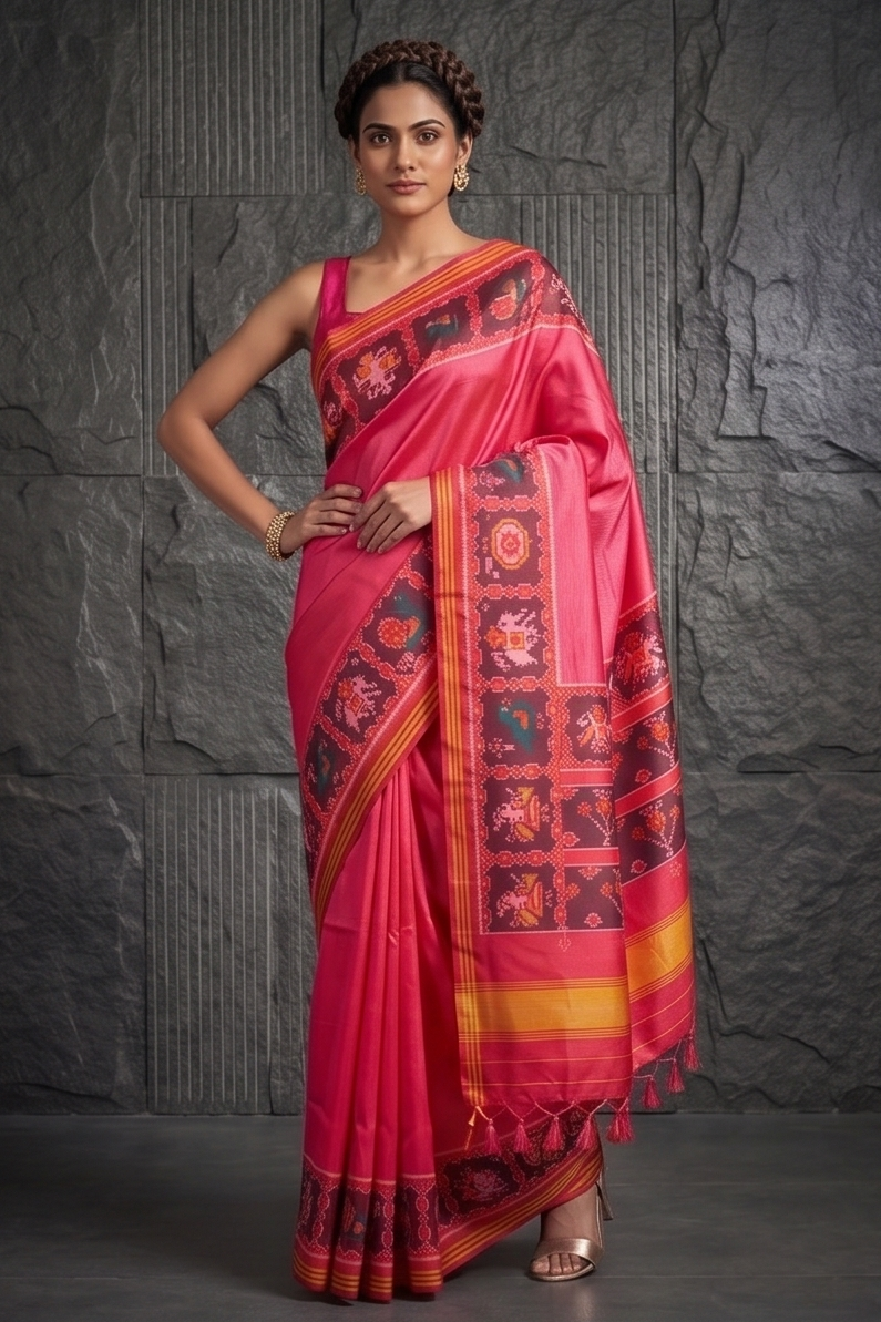 Vibrant Pink Patola Handloom Tussar Silk Saree