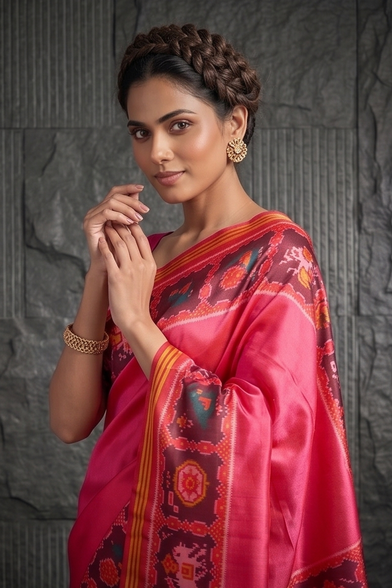 Vibrant Pink Patola Handloom Tussar Silk Saree