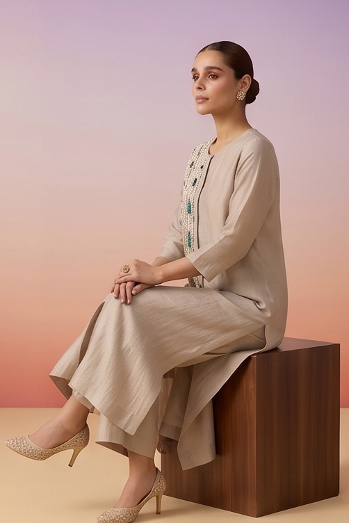 Silver Beige Embellished Shimmer Tissue Silk Co-ord Set