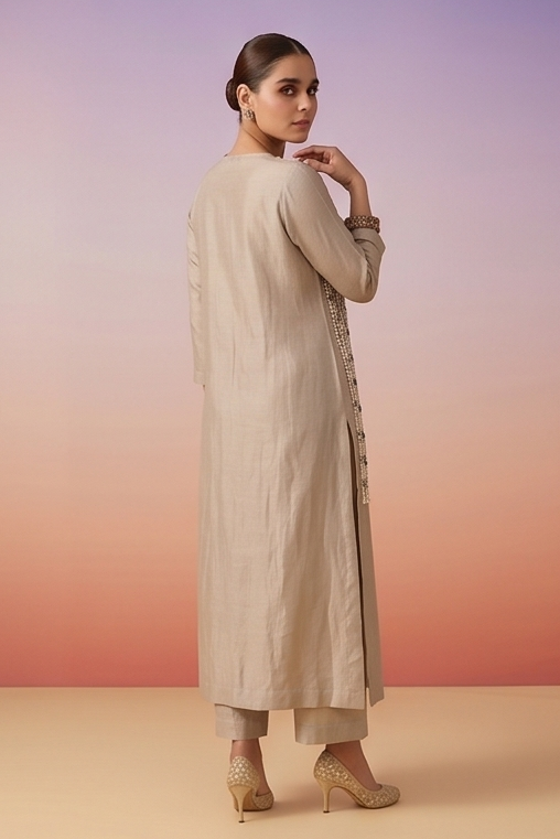 Silver Beige Embellished Shimmer Tissue Silk Co-ord Set