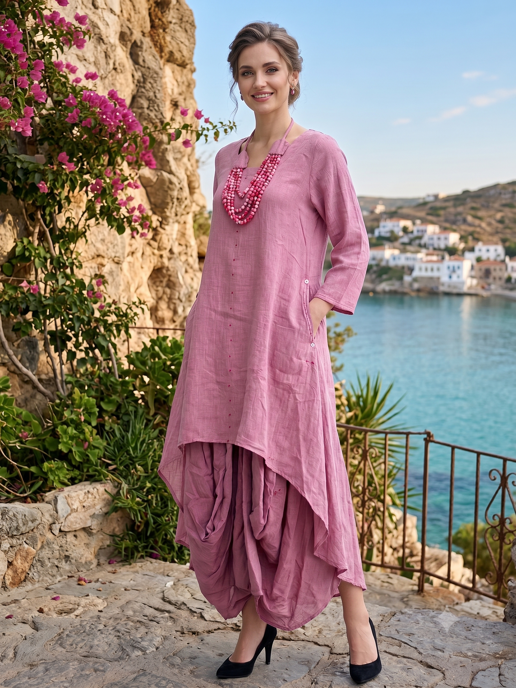 Dusty Rose Asymmetric Draped Cotton Dress