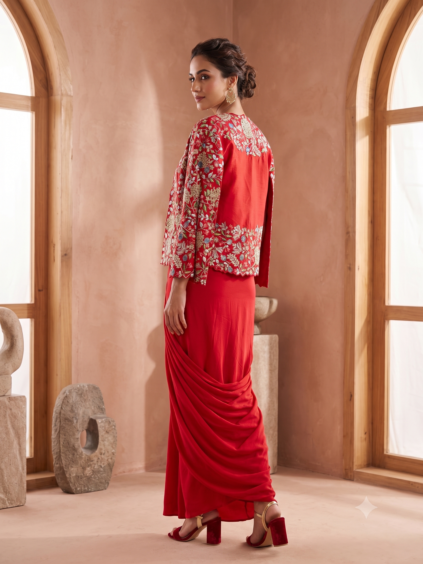 Scarlet Red Embroidered Crepe Silk Saree
